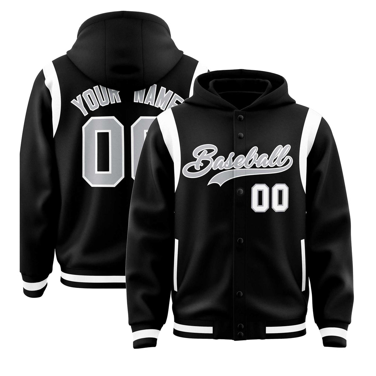 Custom Black Silver Varsity Full-Snap Letterman Shoulder Color Block Jacket Hoodie| KXKSHOP