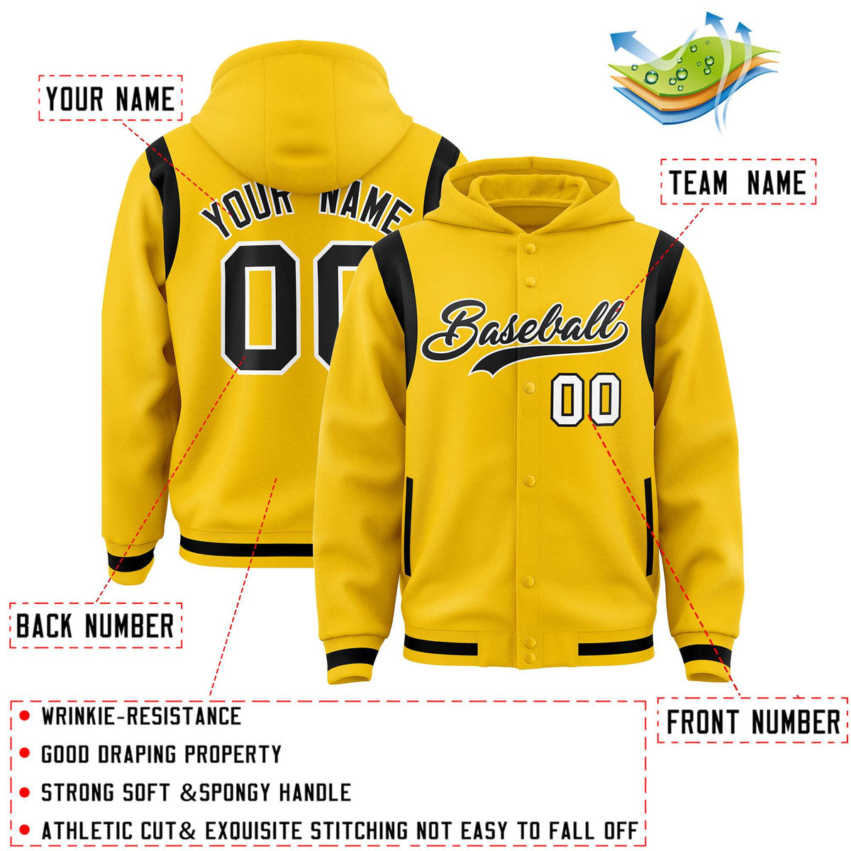 Custom Gold Black Varsity Full-Snap Letterman Shoulder Color Block Jacket Hoodie| KXKSHOP