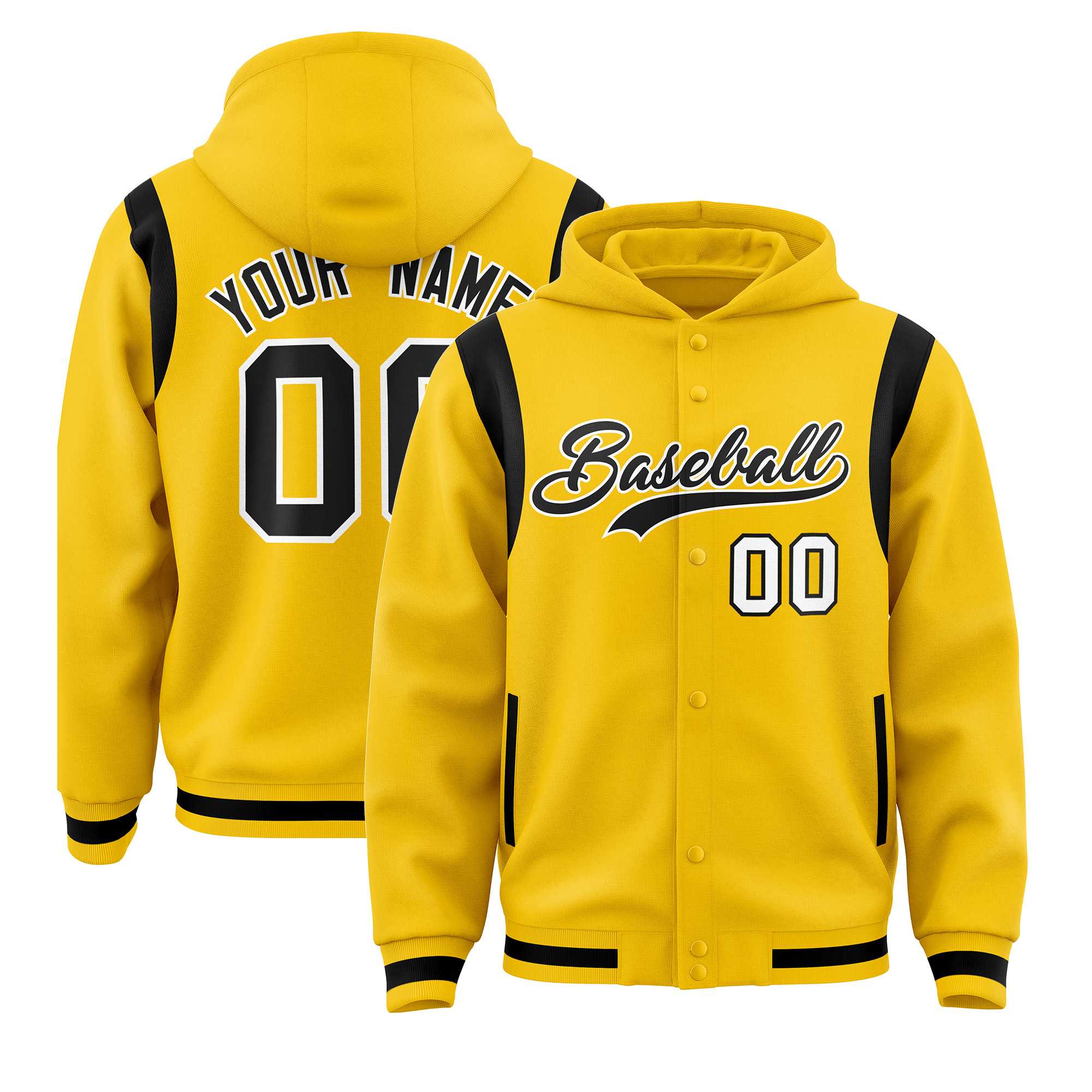 Custom Gold Black Varsity Full-Snap Letterman Shoulder Color Block Jacket Hoodie| KXKSHOP