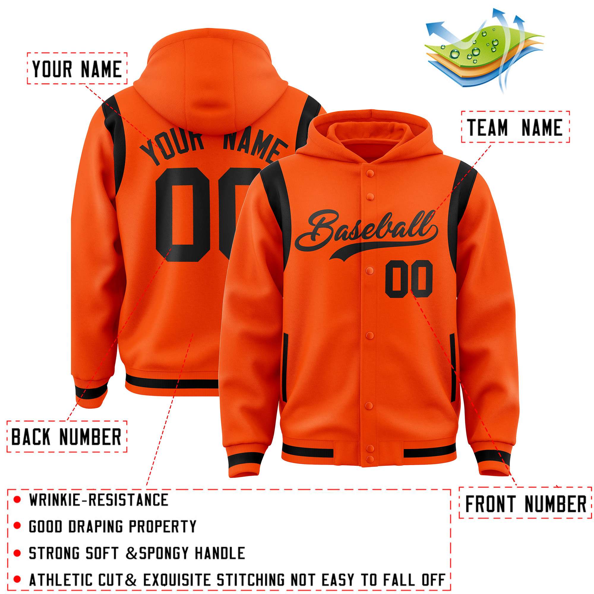 Custom Orange Black Varsity Full-Snap Letterman Shoulder Color Block Jacket Hoodie| KXKSHOP