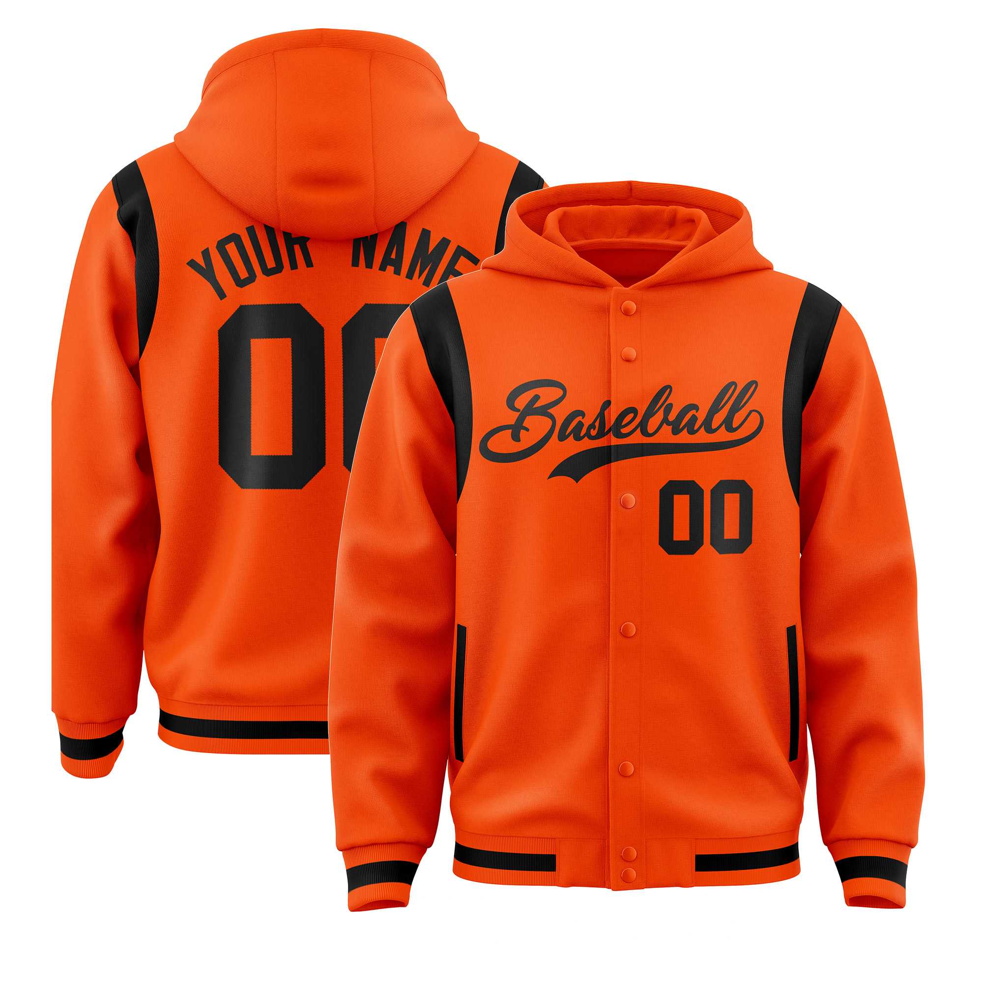 Custom Orange Black Varsity Full-Snap Letterman Shoulder Color Block Jacket Hoodie| KXKSHOP
