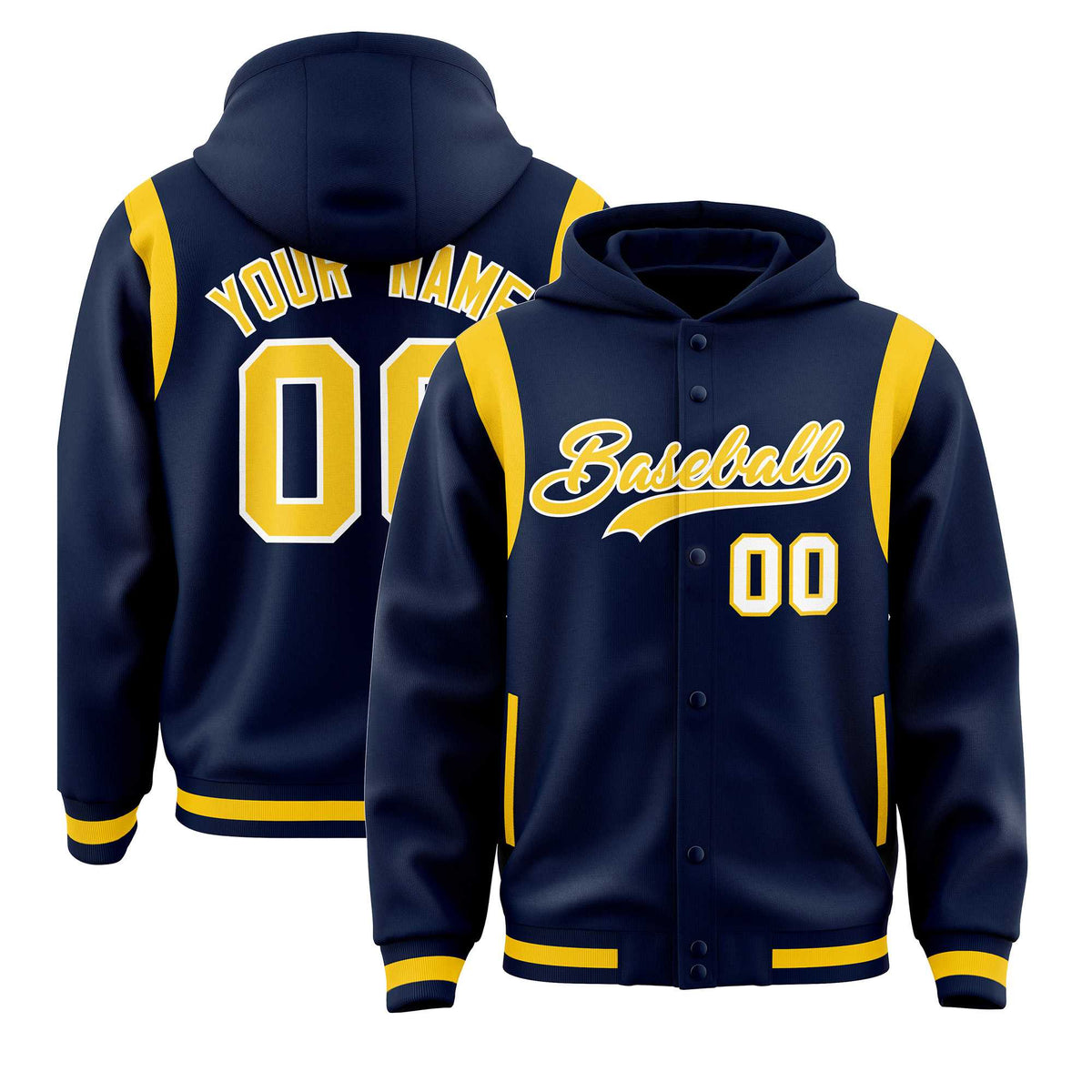 Custom Navy Gold Varsity Full-Snap Letterman Shoulder Color Block Jacket Hoodie| KXKSHOP
