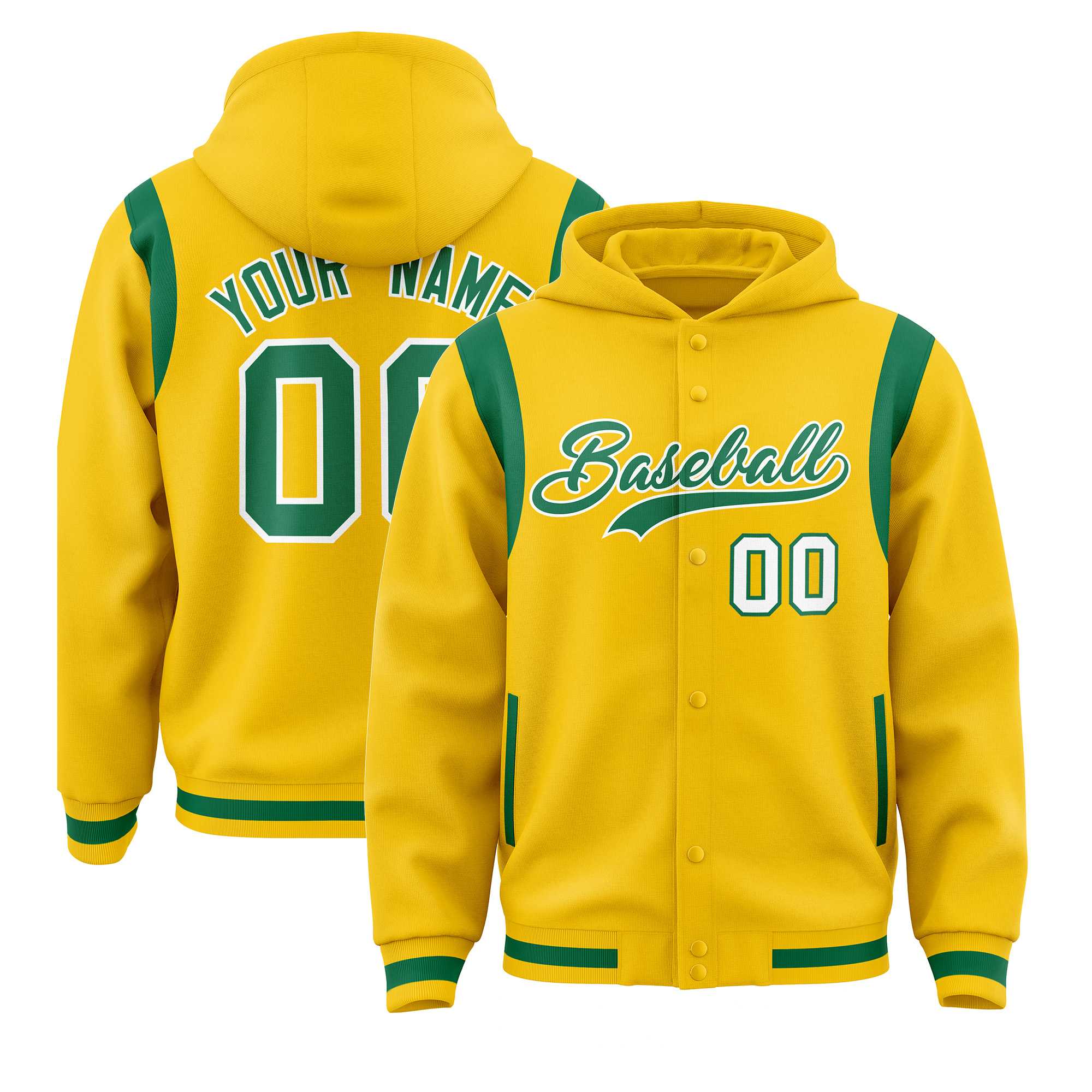 Custom Gold Kelly Green Varsity Full-Snap Letterman Shoulder Color Block Jacket Hoodie| KXKSHOP