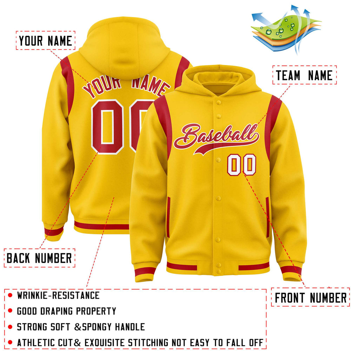 Custom Gold Red Varsity Full-Snap Letterman Shoulder Color Block Jacket Hoodie| KXKSHOP
