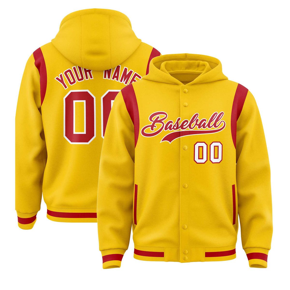 Custom Gold Red Varsity Full-Snap Letterman Shoulder Color Block Jacket Hoodie| KXKSHOP