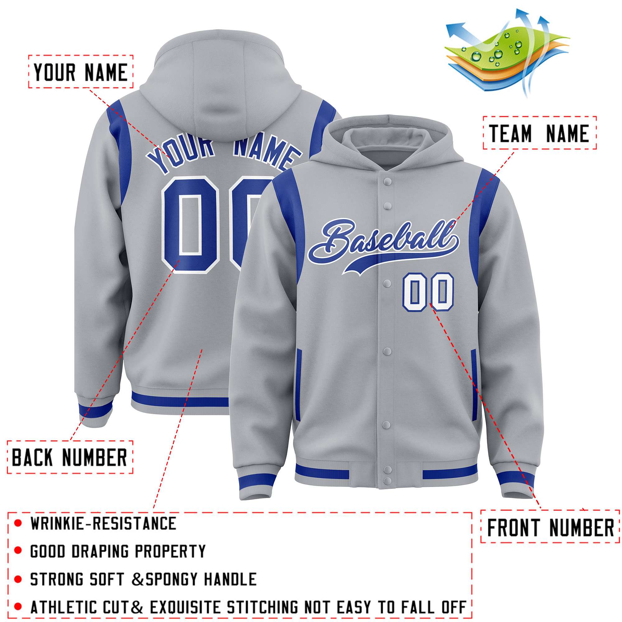 Custom Silver Royal Varsity Full-Snap Letterman Shoulder Color Block Jacket Hoodie| KXKSHOP