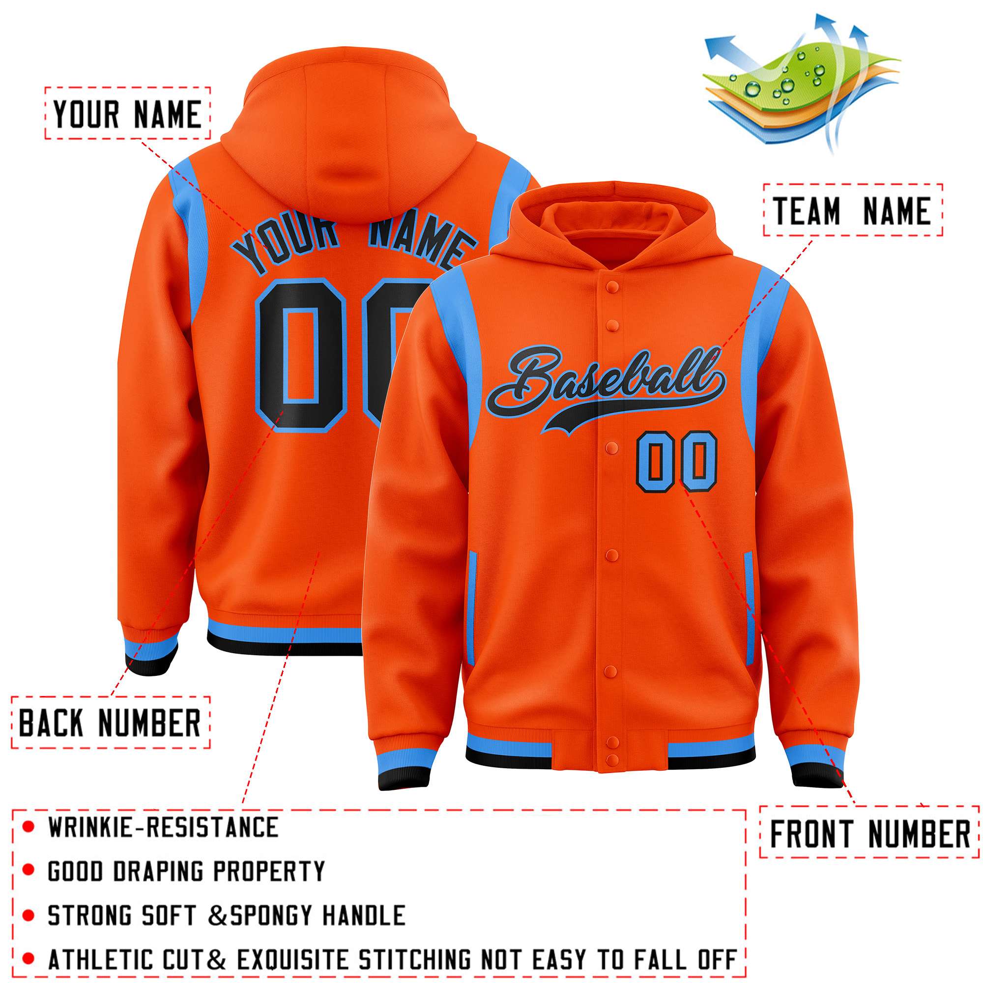 Custom Orange Black Varsity Full-Snap Letterman Shoulder Color Block Jacket Hoodie| KXKSHOP