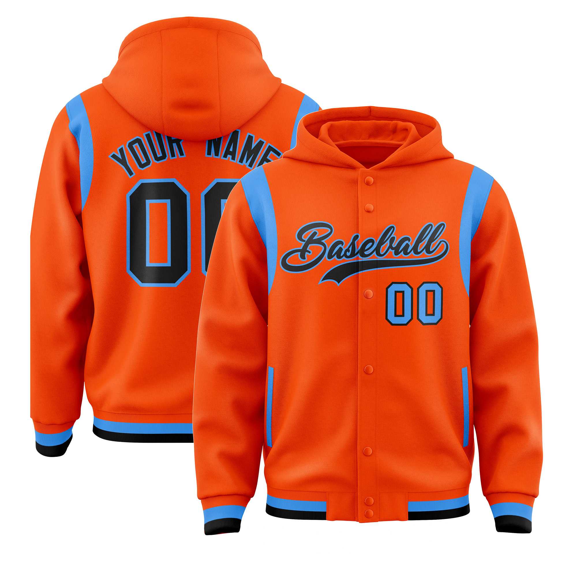 Custom Orange Black Varsity Full-Snap Letterman Shoulder Color Block Jacket Hoodie| KXKSHOP