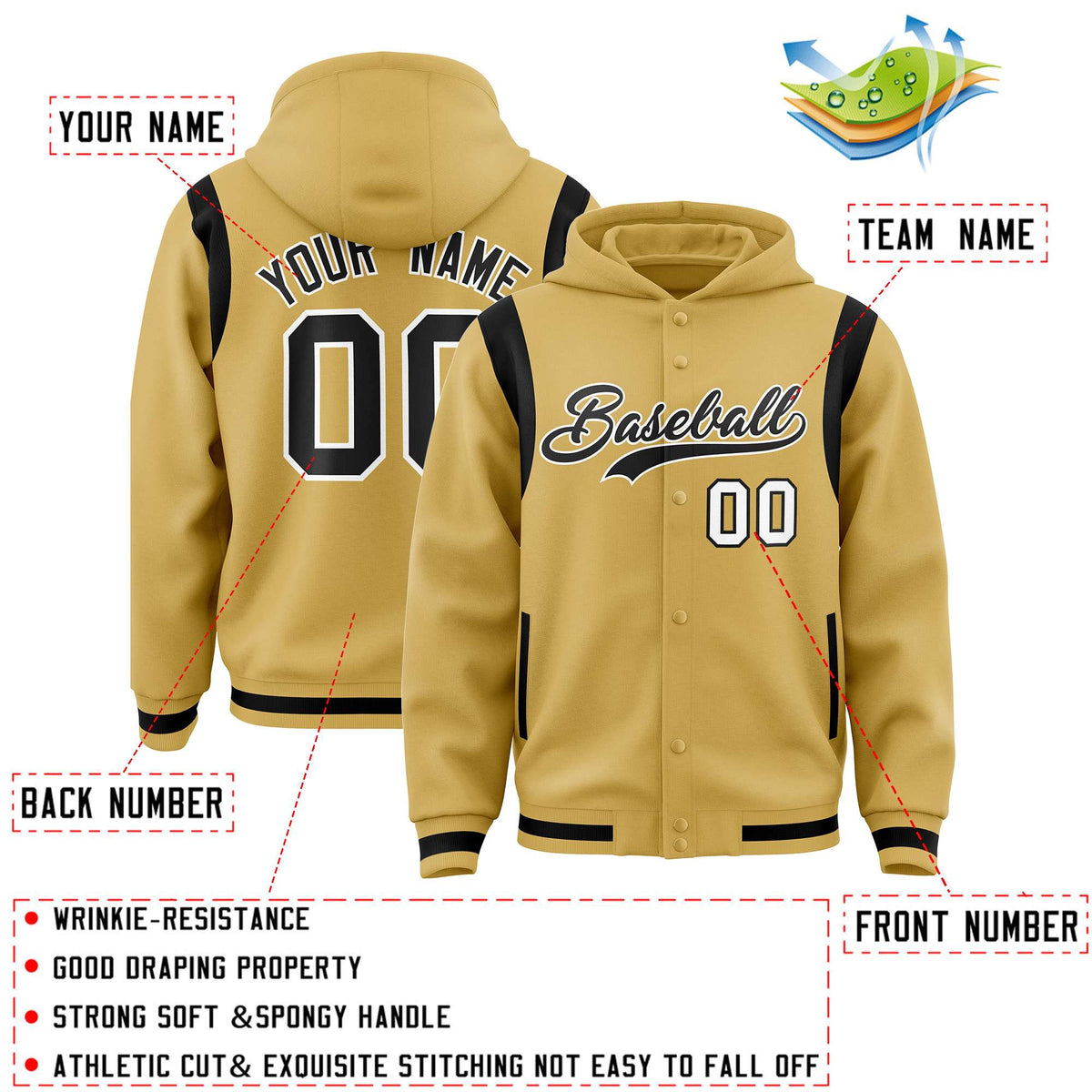 Custom Old Gold Black Varsity Full-Snap Letterman Shoulder Color Block Jacket Hoodie| KXKSHOP