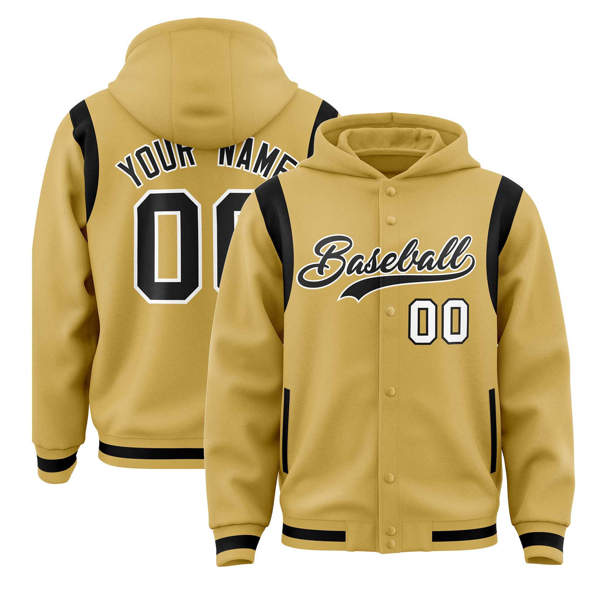 Custom Old Gold Black Varsity Full-Snap Letterman Shoulder Color Block Jacket Hoodie| KXKSHOP