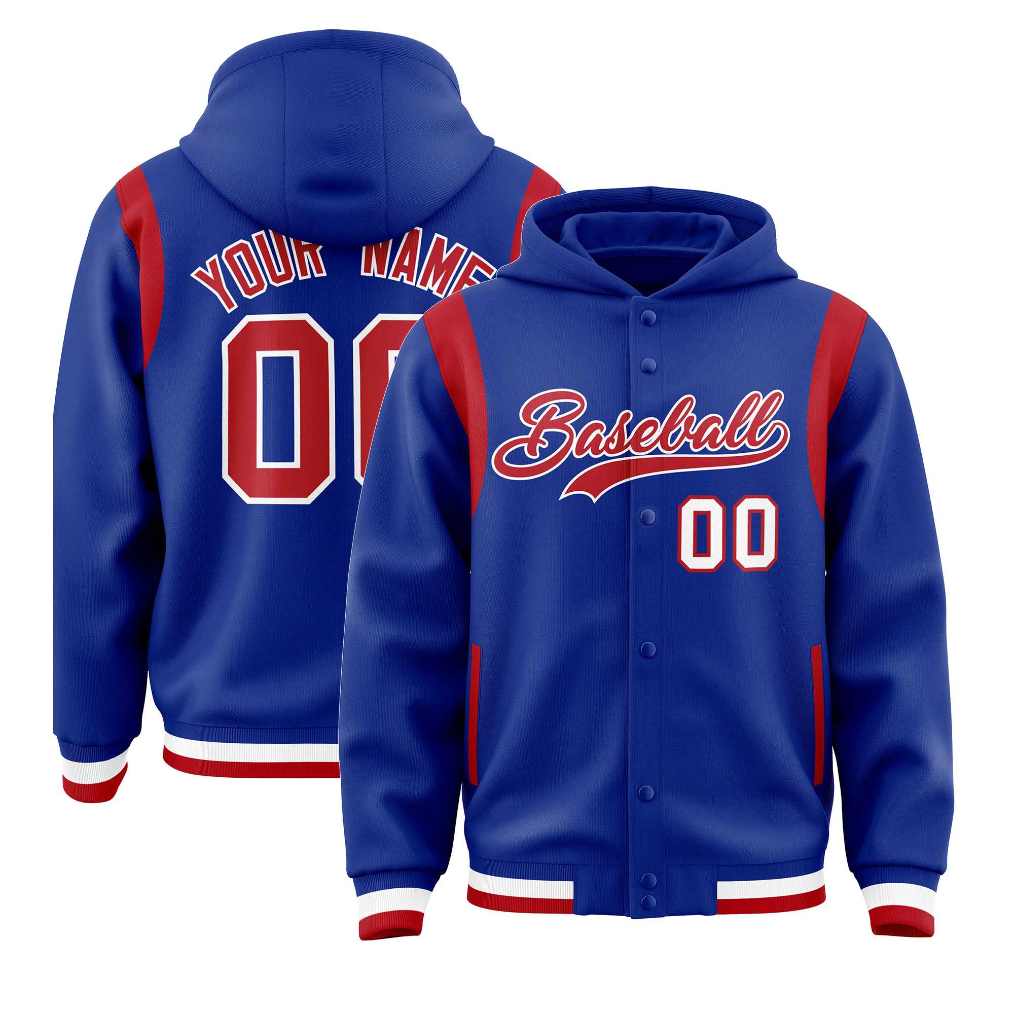 Custom Royal Red Varsity Full-Snap Letterman Shoulder Color Block Jacket Hoodie| KXKSHOP