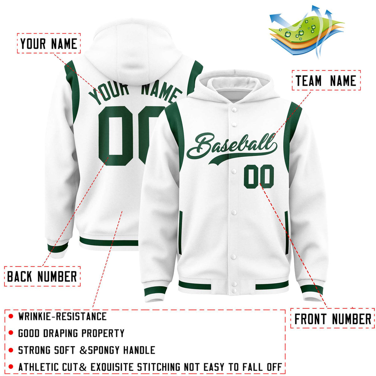 Custom White Green Varsity Full-Snap Letterman Shoulder Color Block Jacket Hoodie| KXKSHOP