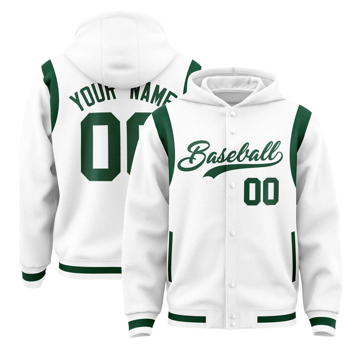 Custom White Green Varsity Full-Snap Letterman Shoulder Color Block Jacket Hoodie| KXKSHOP