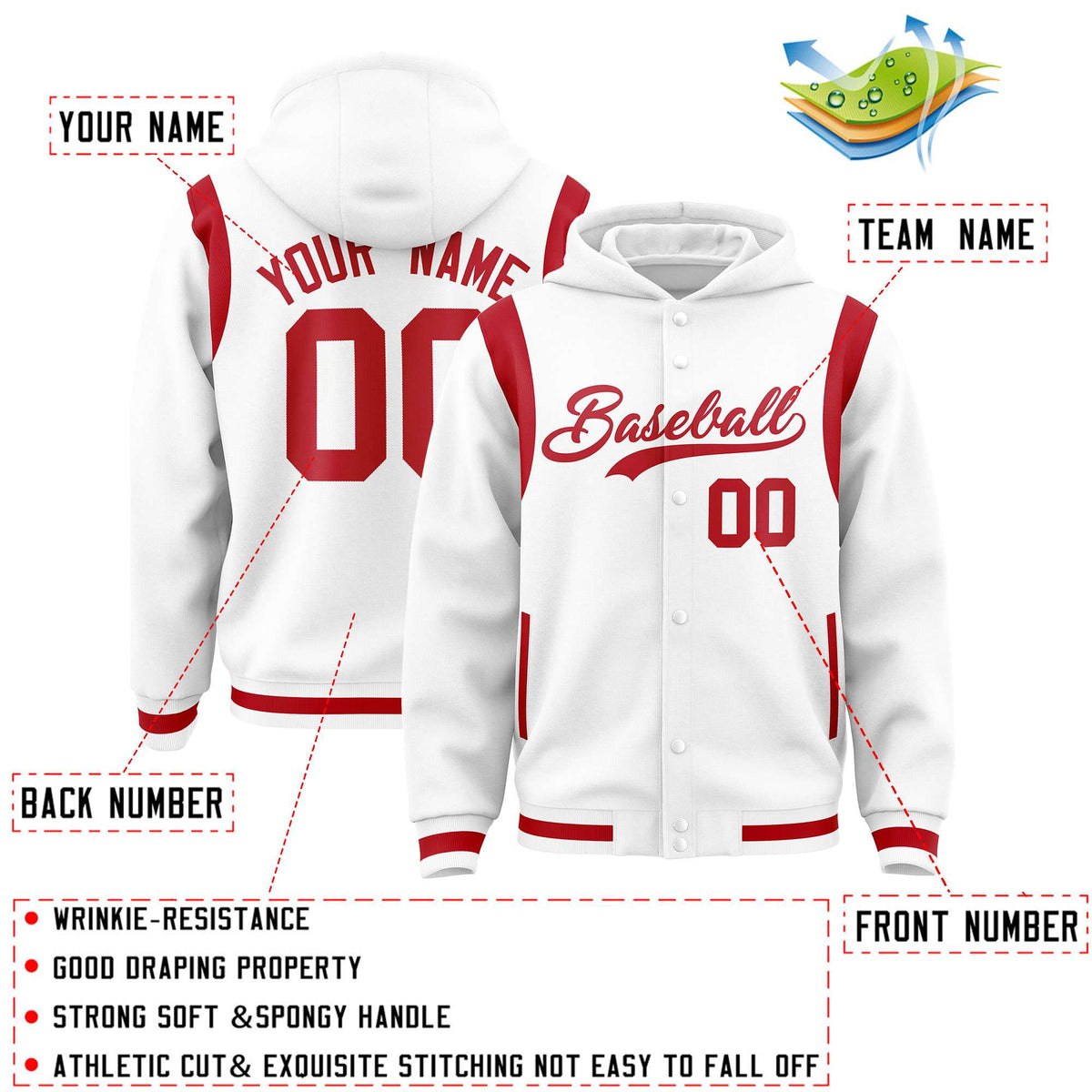 Custom White Red Varsity Full-Snap Letterman Shoulder Color Block Jacket Hoodie| KXKSHOP