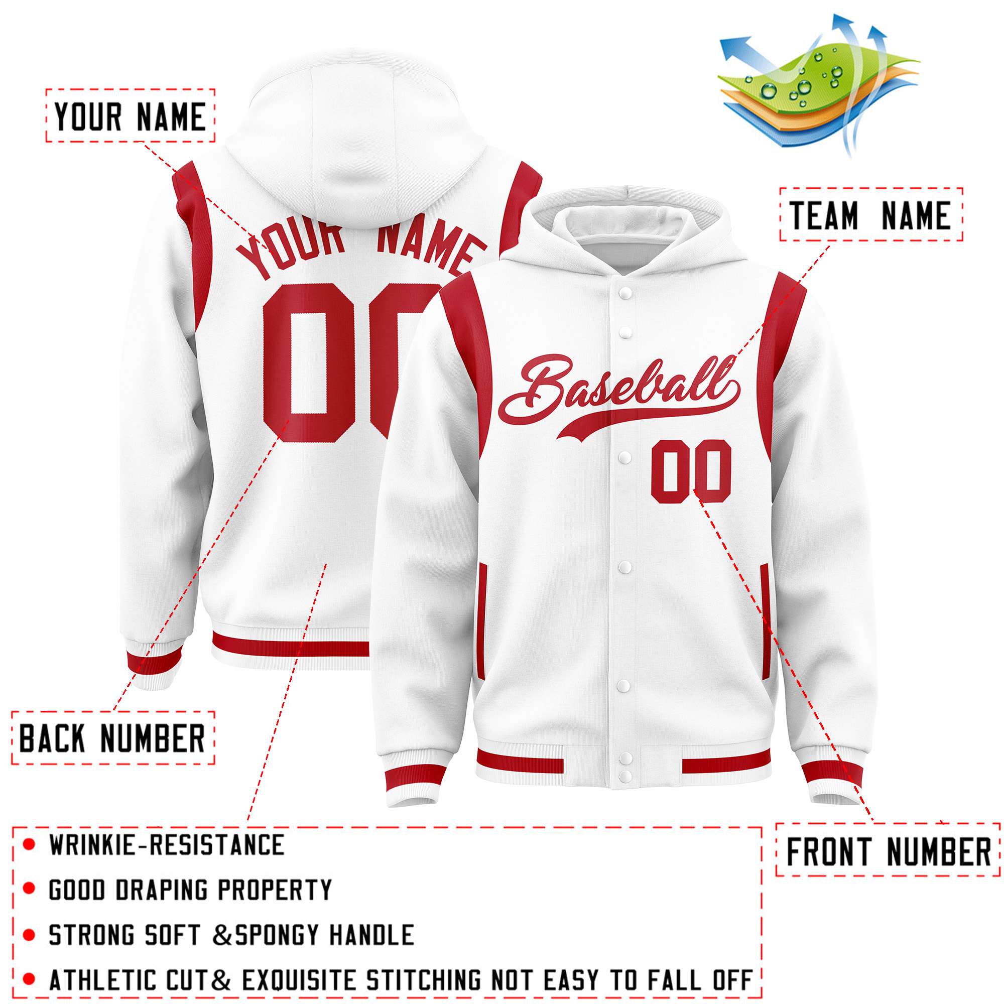 Custom White Red Varsity Full-Snap Letterman Shoulder Color Block Jacket Hoodie| KXKSHOP