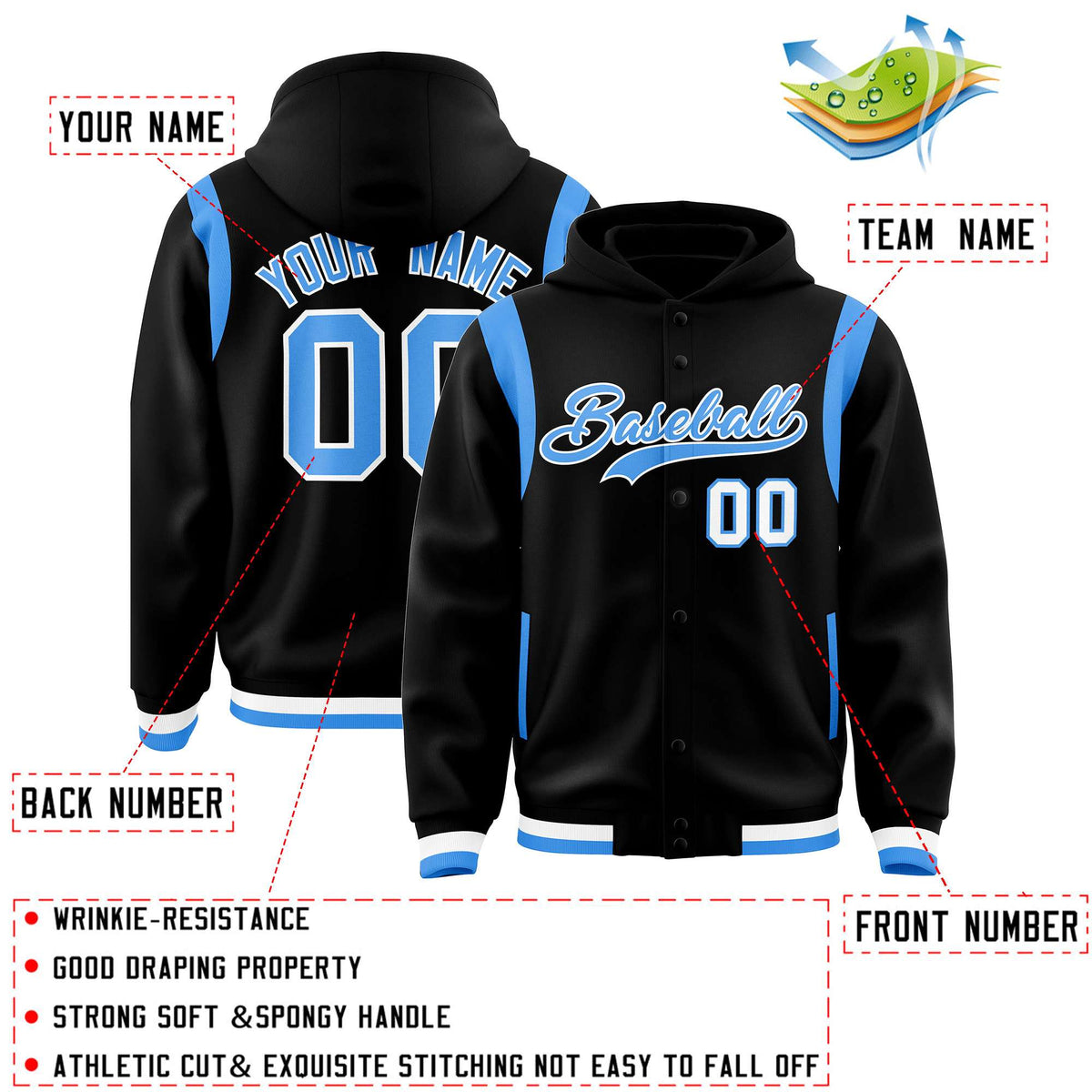 Custom Black Powder Blue Varsity Full-Snap Letterman Shoulder Color Block Jacket Hoodie| KXKSHOP