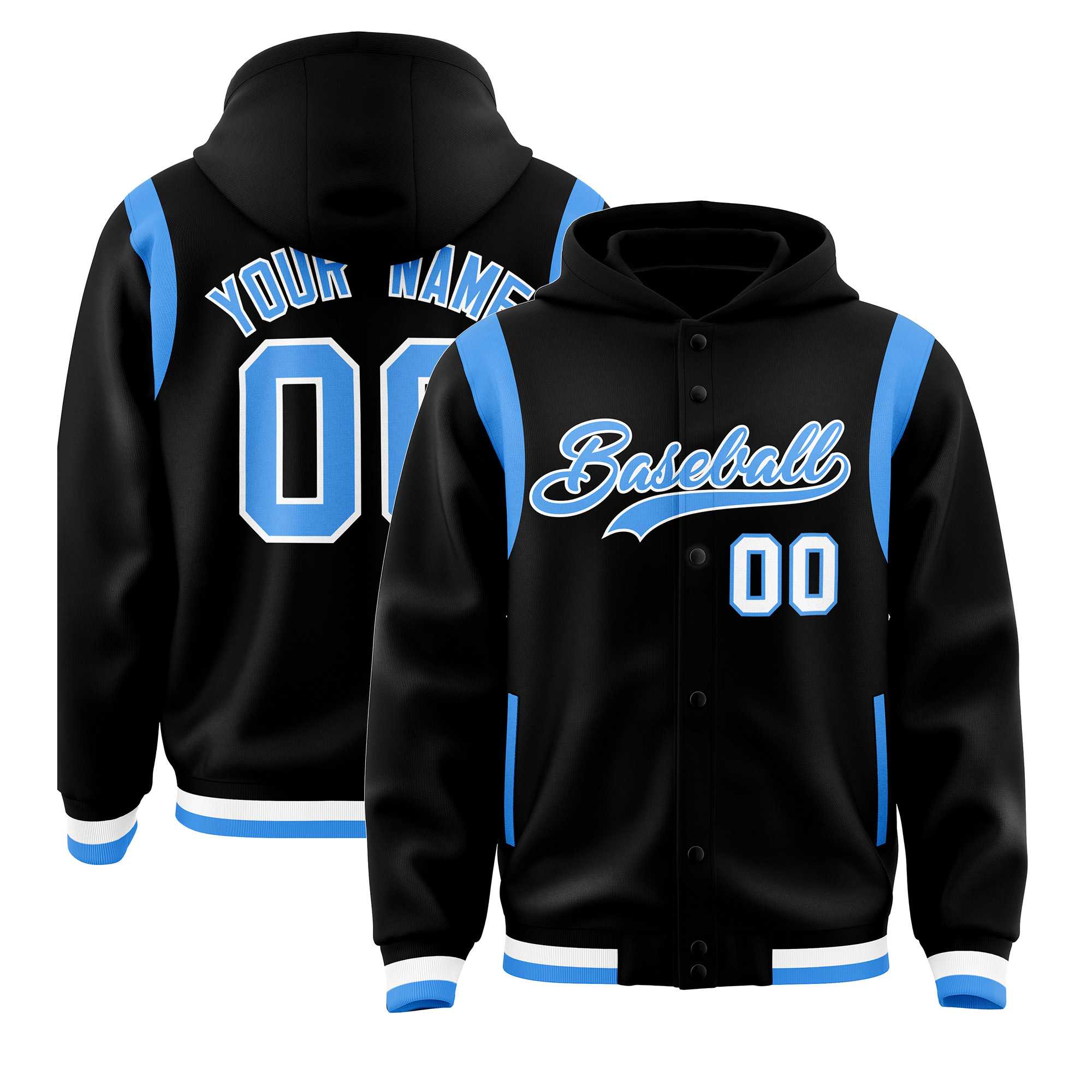 Custom Black Powder Blue Varsity Full-Snap Letterman Shoulder Color Block Jacket Hoodie| KXKSHOP