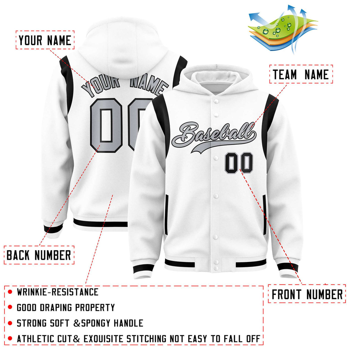 Custom White Silver Varsity Full-Snap Letterman Shoulder Color Block Jacket Hoodie| KXKSHOP