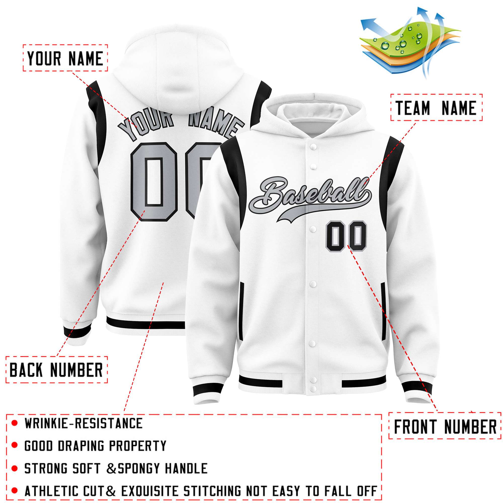 Custom White Silver Varsity Full-Snap Letterman Shoulder Color Block Jacket Hoodie| KXKSHOP