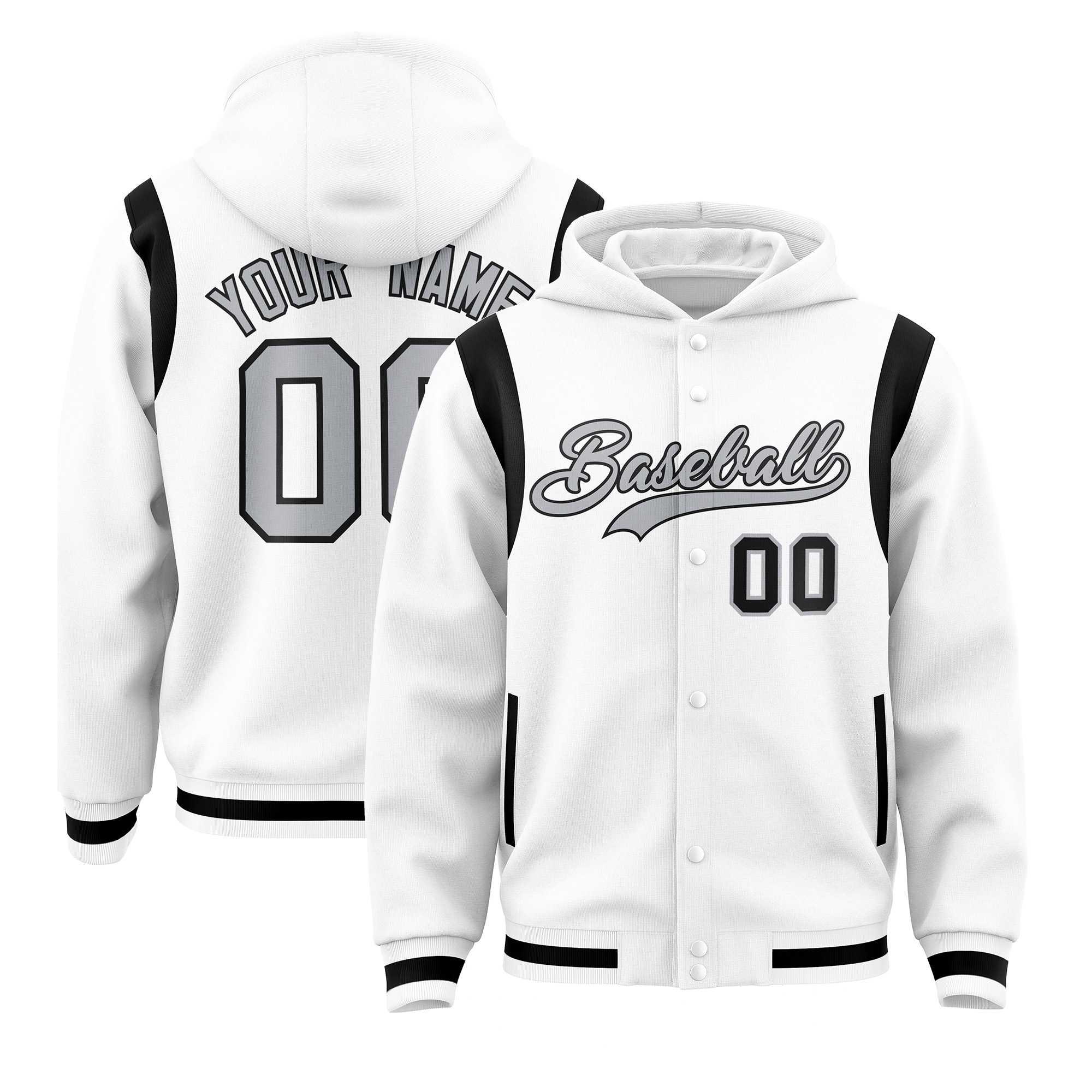 Custom White Silver Varsity Full-Snap Letterman Shoulder Color Block Jacket Hoodie| KXKSHOP