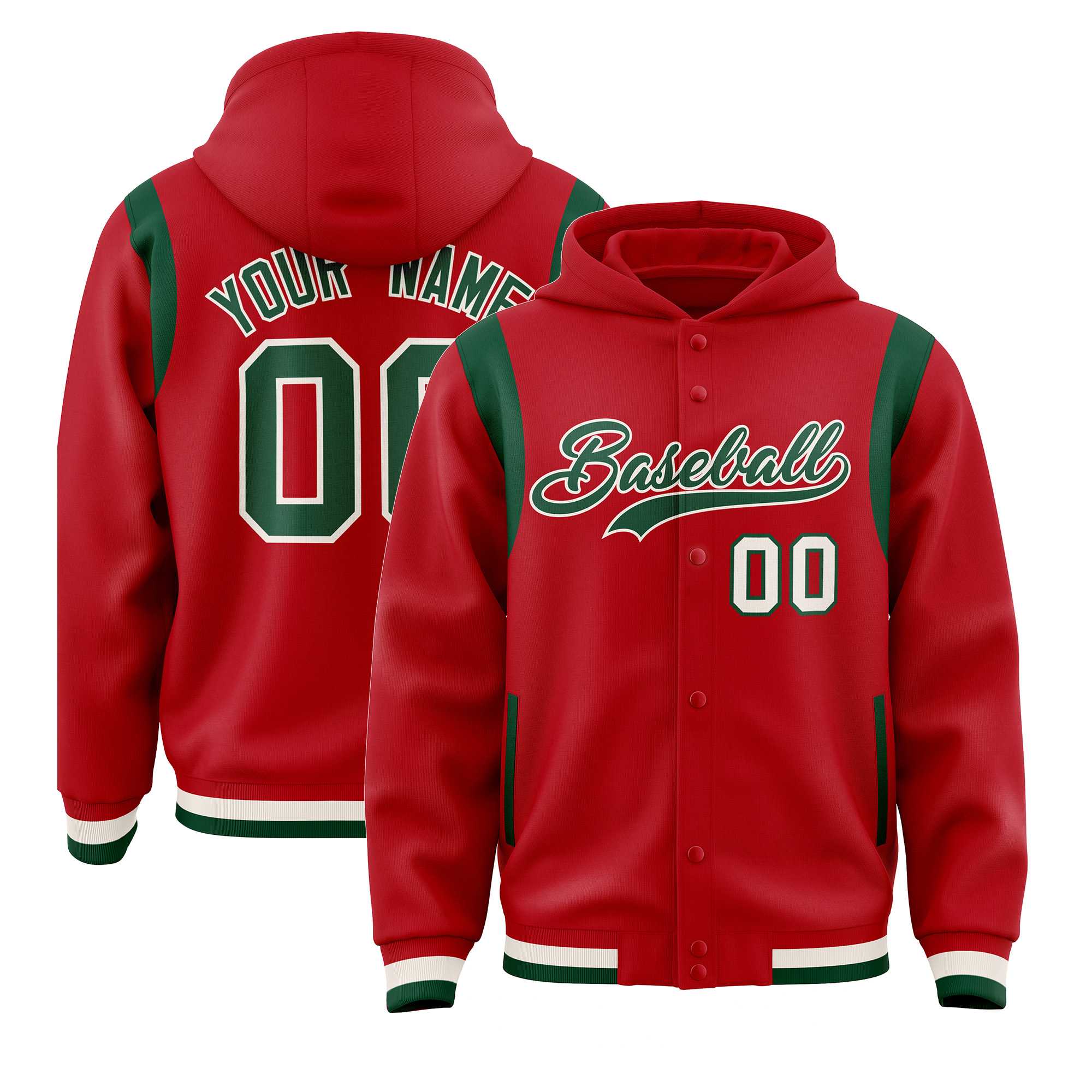 Custom Red Green Varsity Full-Snap Letterman Shoulder Color Block Jacket Hoodie| KXKSHOP