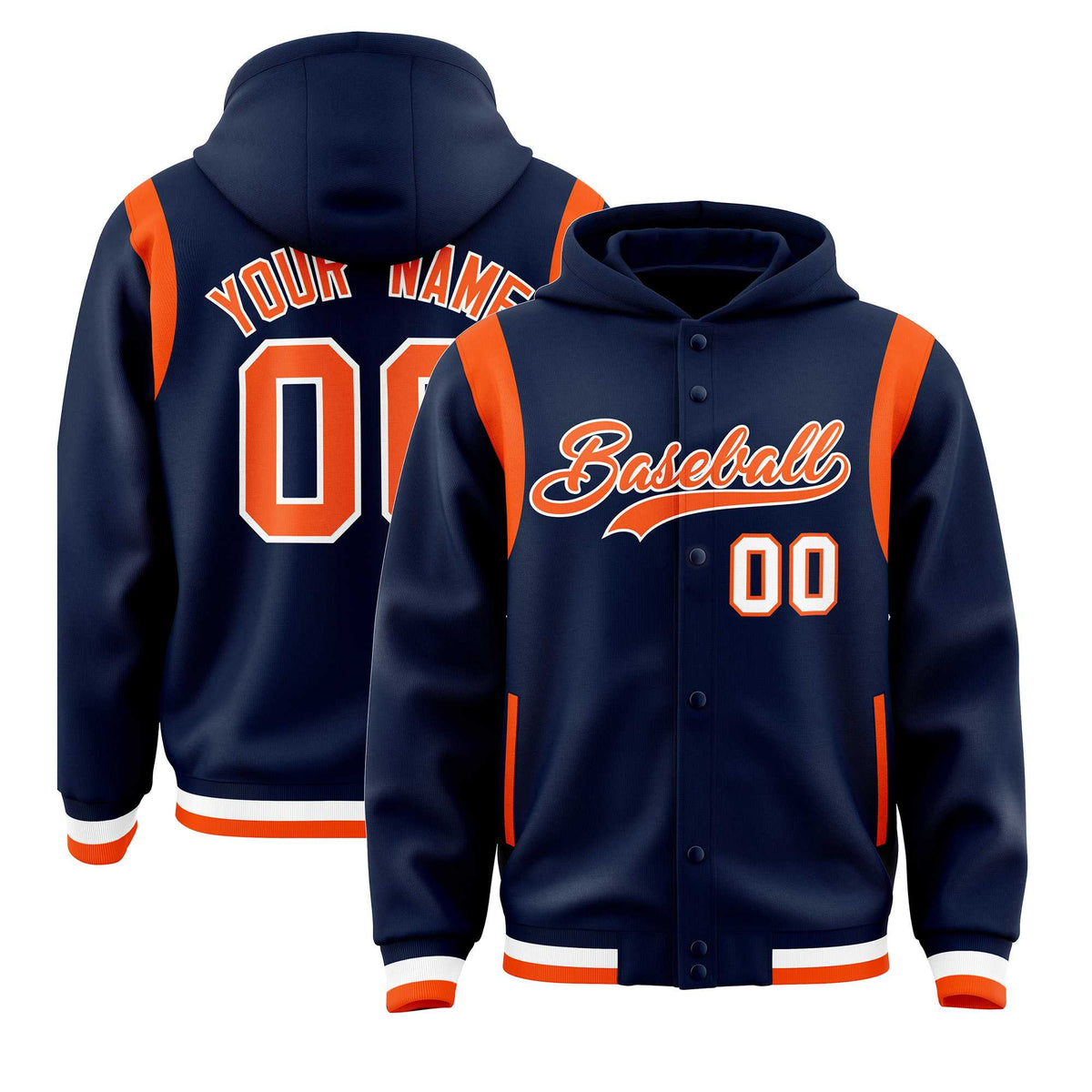 Custom Navy Orange Varsity Full-Snap Letterman Shoulder Color Block Jacket Hoodie| KXKSHOP