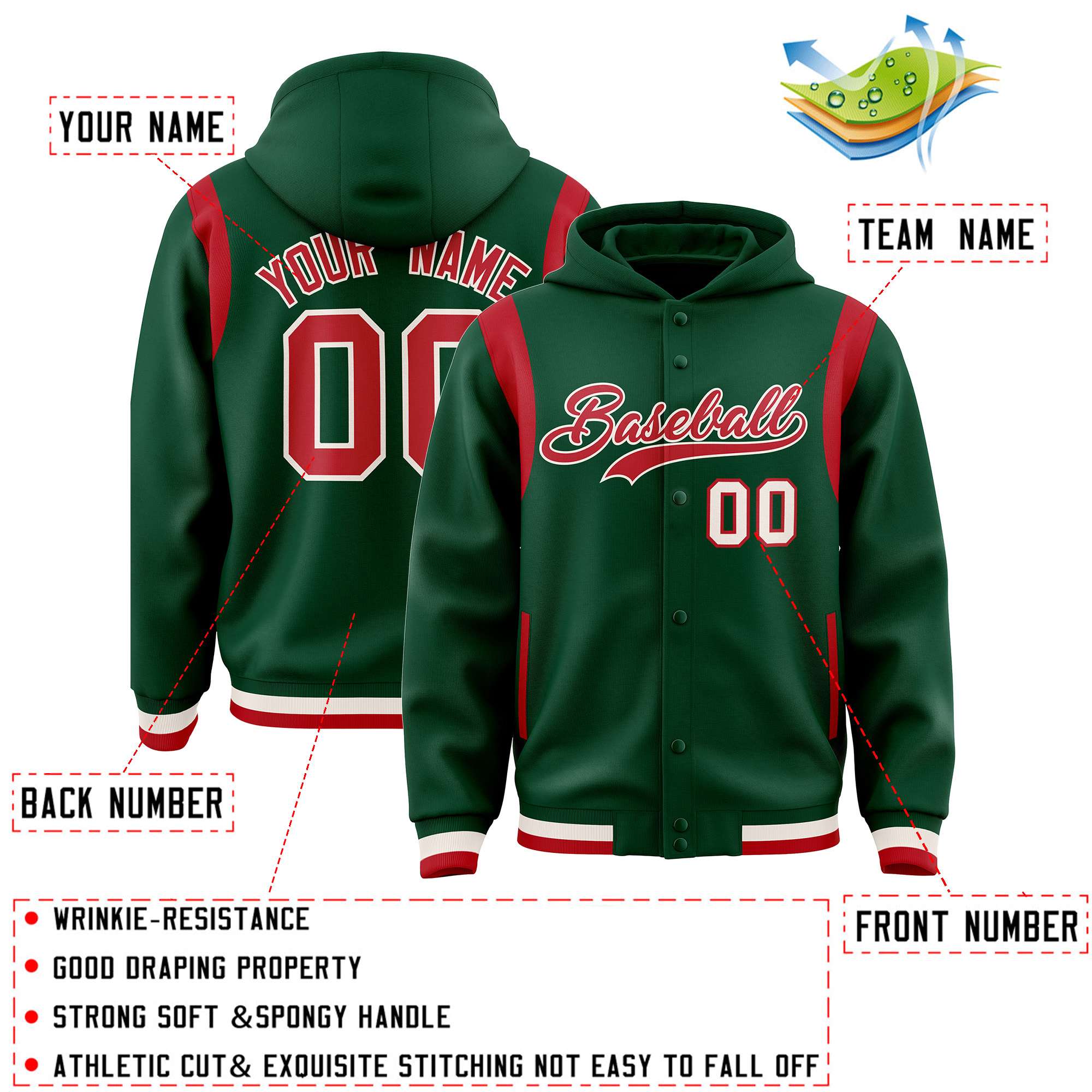 Custom Green Red Varsity Full-Snap Letterman Shoulder Color Block Jacket Hoodie| KXKSHOP