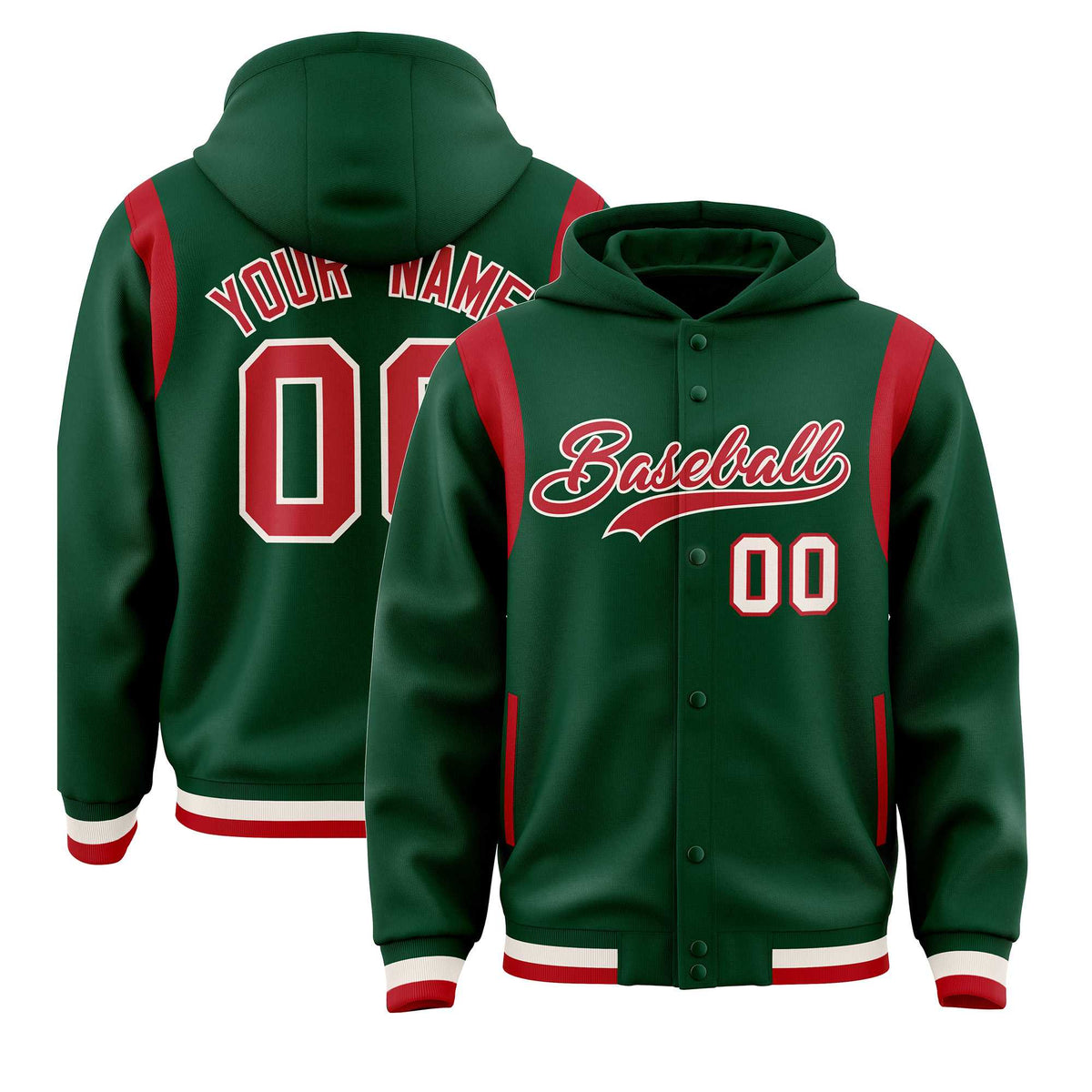 Custom Green Red Varsity Full-Snap Letterman Shoulder Color Block Jacket Hoodie| KXKSHOP