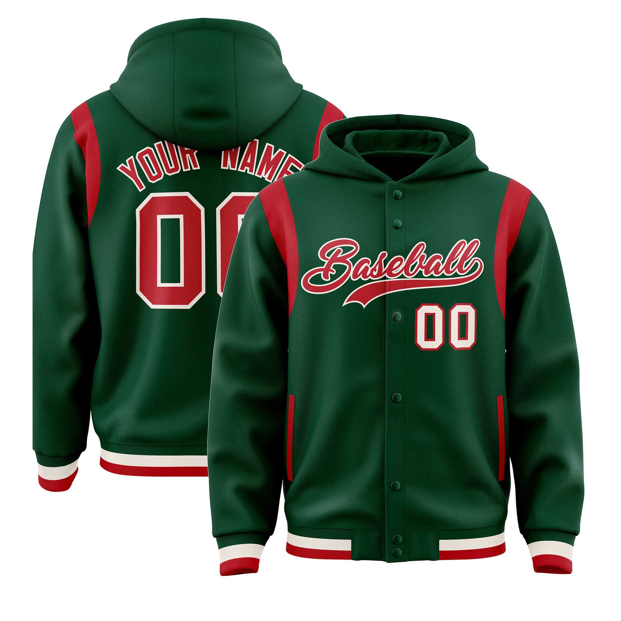 Custom Green Red Varsity Full-Snap Letterman Shoulder Color Block Jacket Hoodie| KXKSHOP