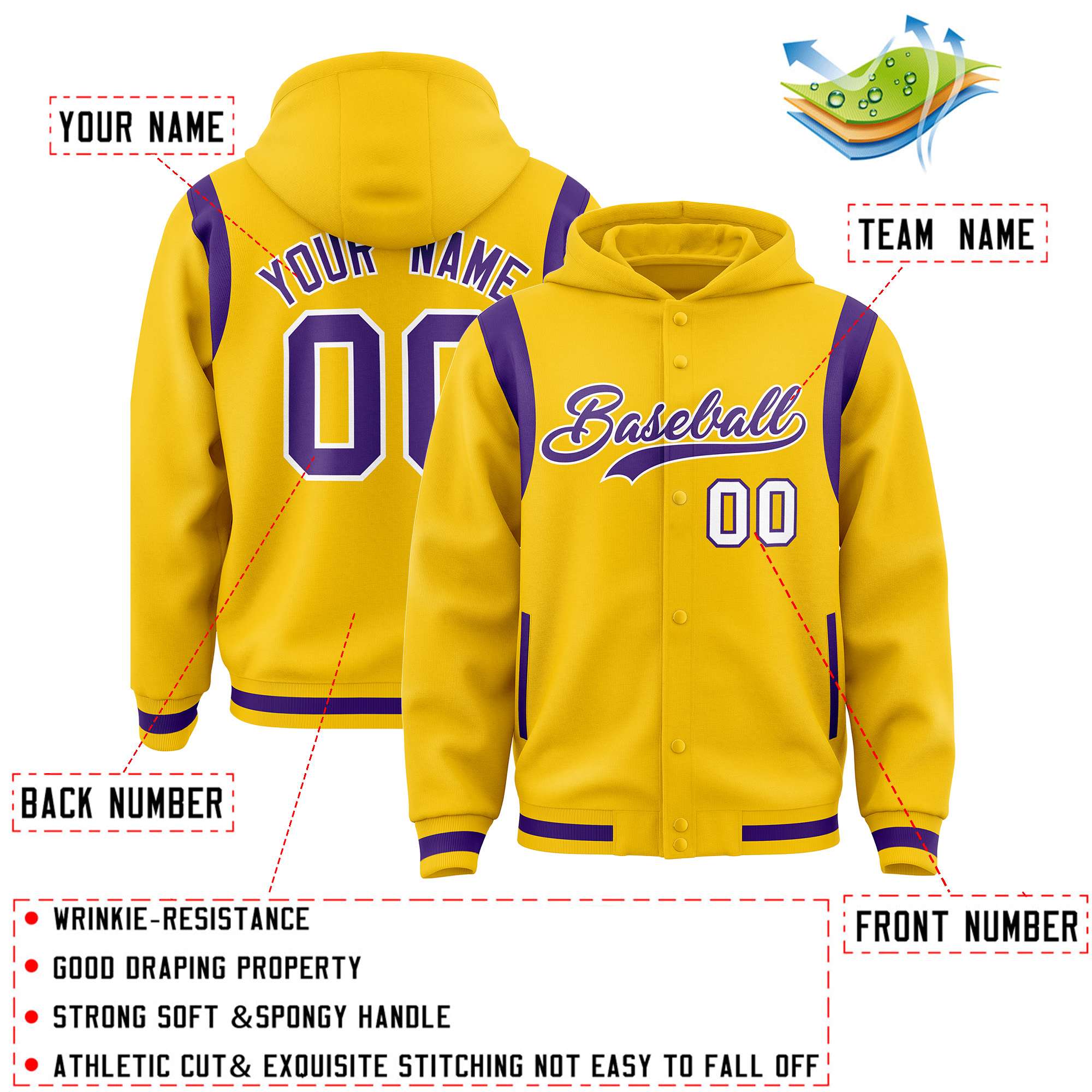 Custom Gold Purple Varsity Full-Snap Letterman Shoulder Color Block Jacket Hoodie| KXKSHOP