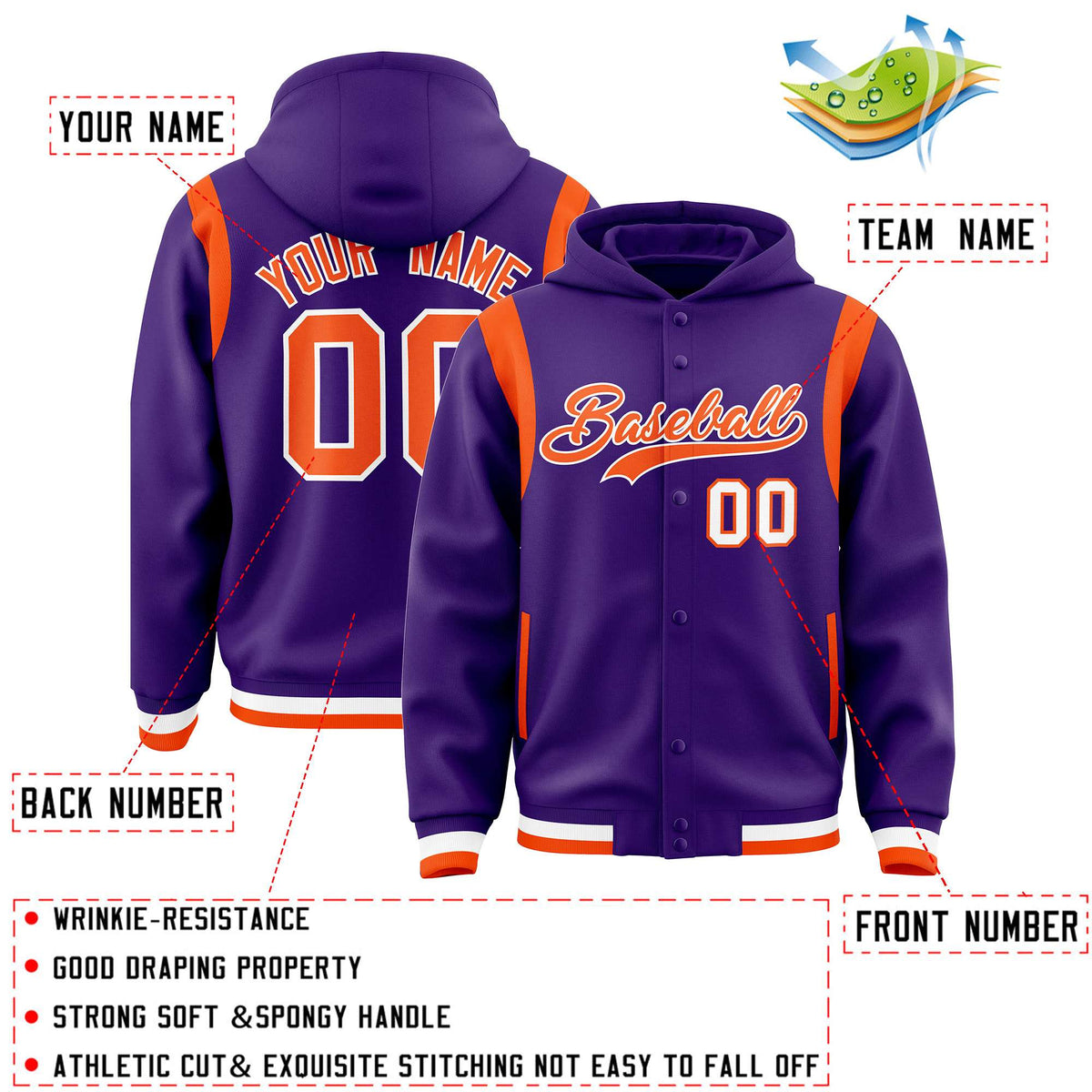 Custom Purple Orange Varsity Full-Snap Letterman Shoulder Color Block Jacket Hoodie| KXKSHOP