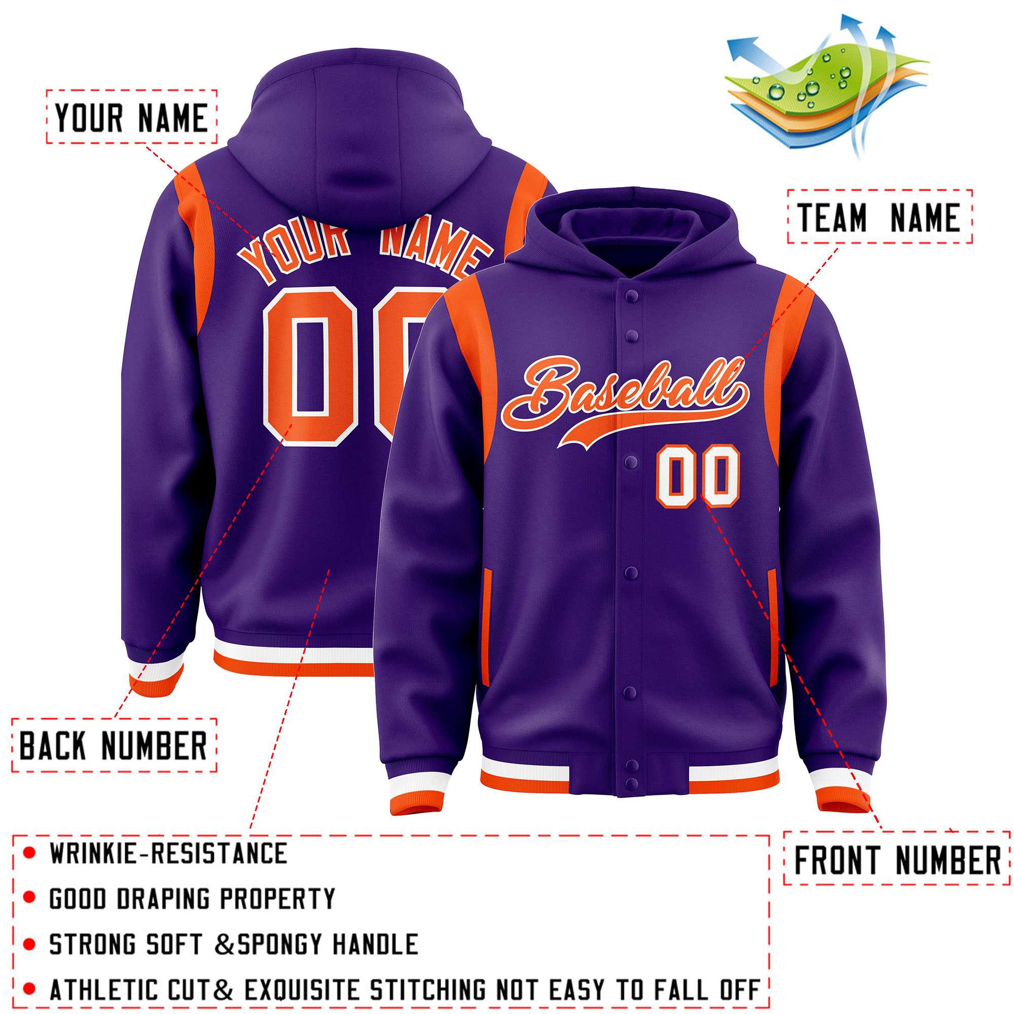 Custom Purple Orange Varsity Full-Snap Letterman Shoulder Color Block Jacket Hoodie| KXKSHOP