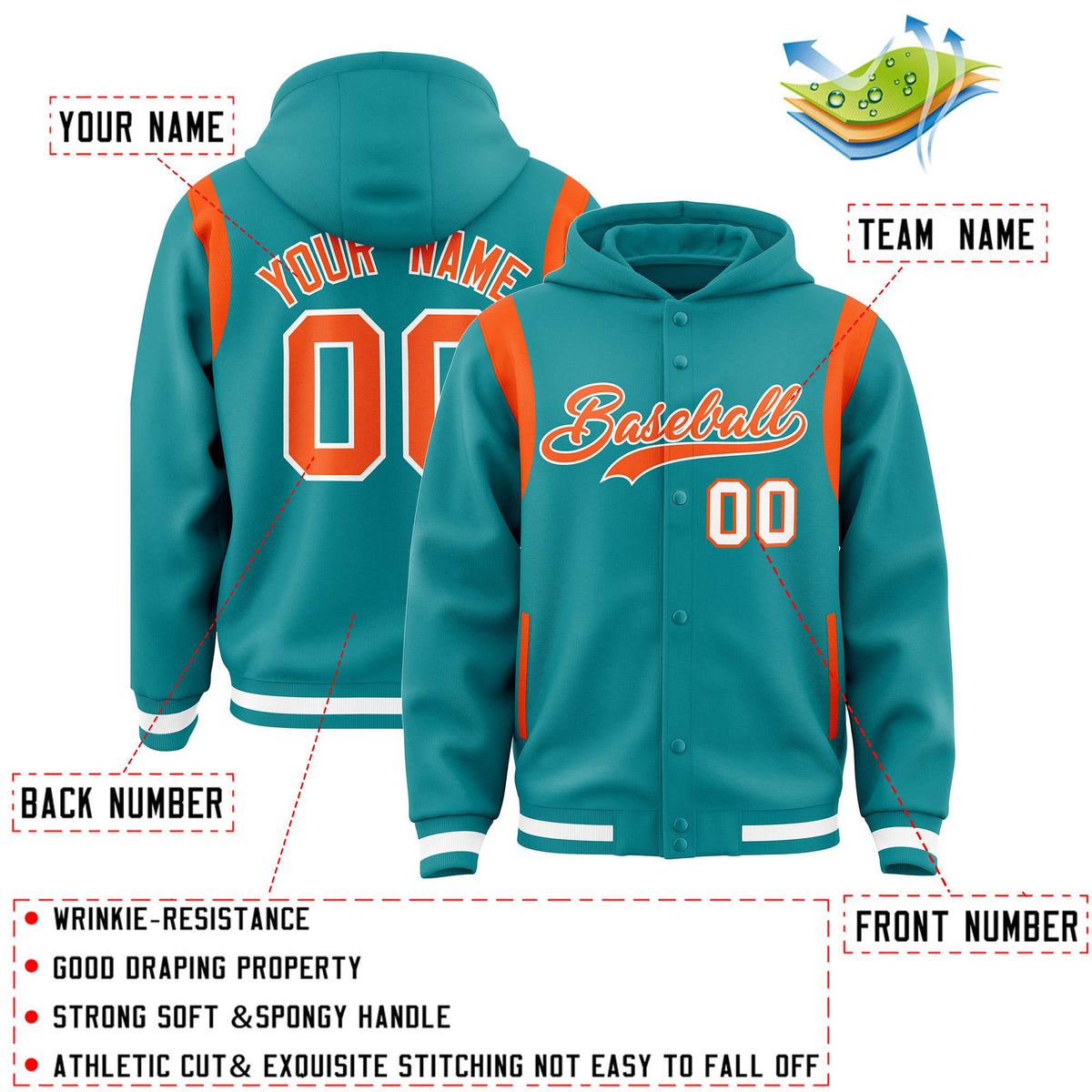 Custom Aqua Orange Varsity Full-Snap Letterman Shoulder Color Block Jacket Hoodie| KXKSHOP