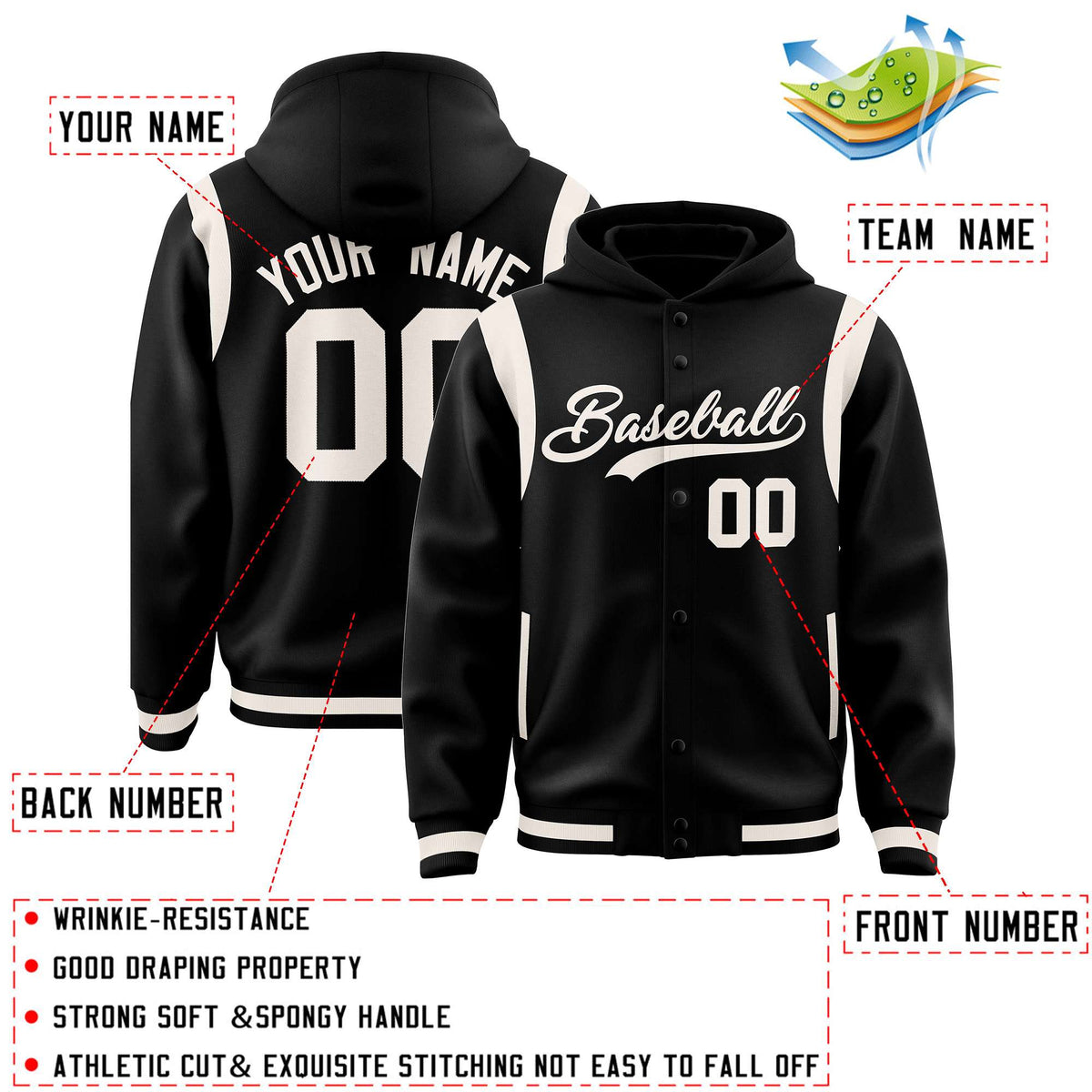 Custom Black Cream Varsity Full-Snap Letterman Shoulder Color Block Jacket Hoodie| KXKSHOP