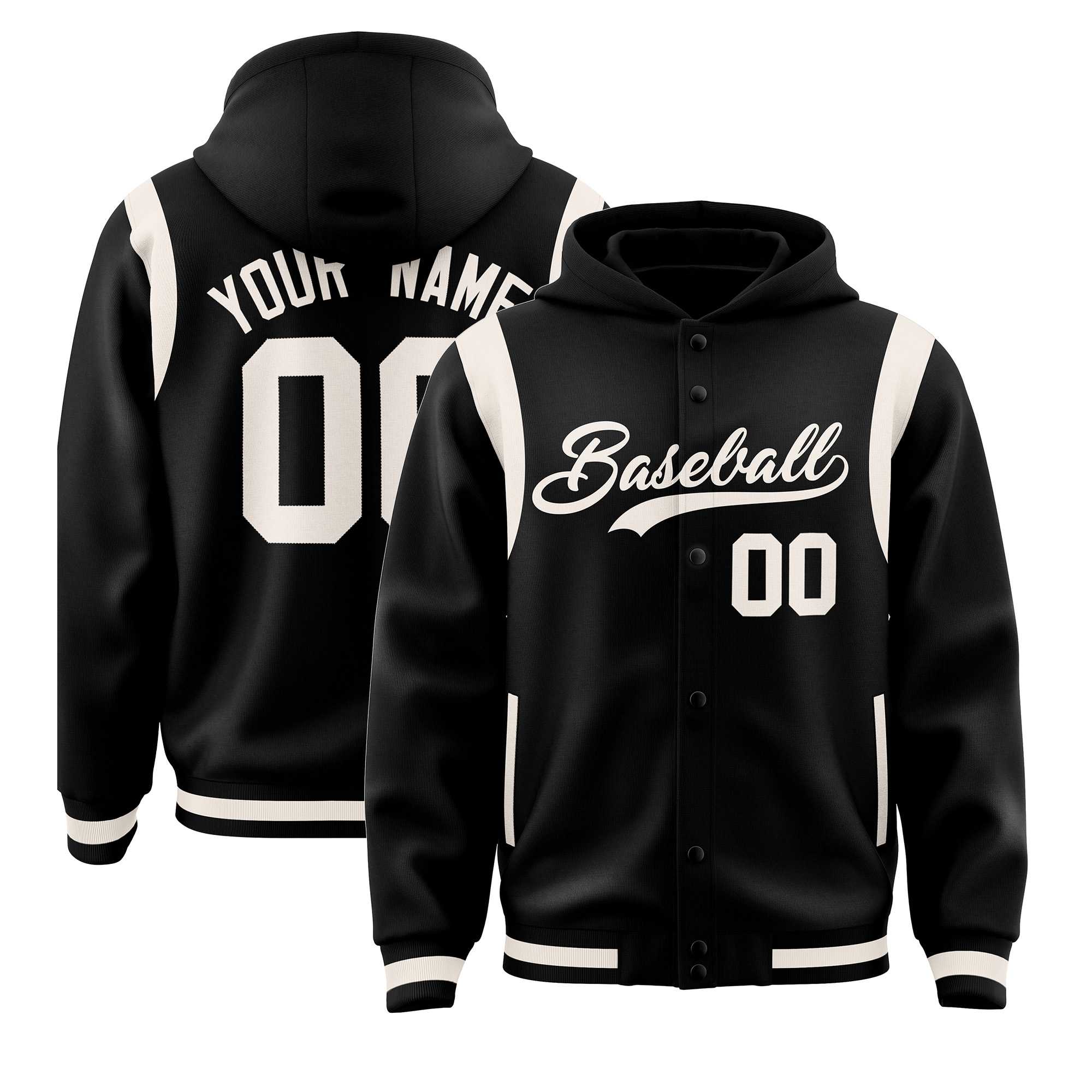 Custom Black Cream Varsity Full-Snap Letterman Shoulder Color Block Jacket Hoodie| KXKSHOP