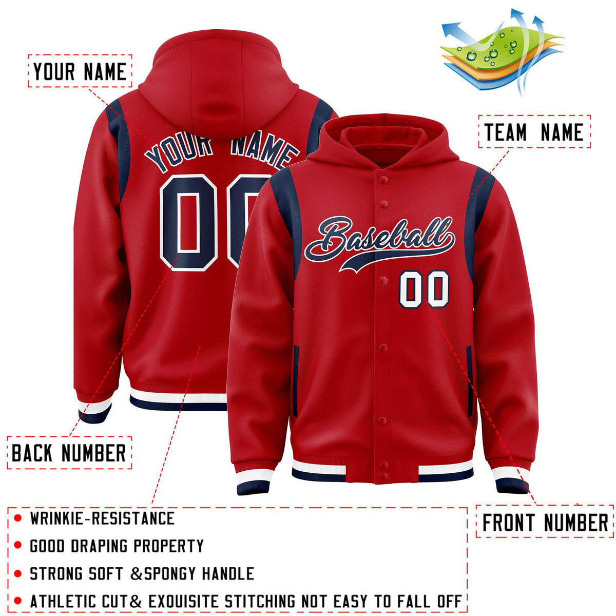 Custom Red Navy Varsity Full-Snap Letterman Shoulder Color Block Jacket Hoodie| KXKSHOP
