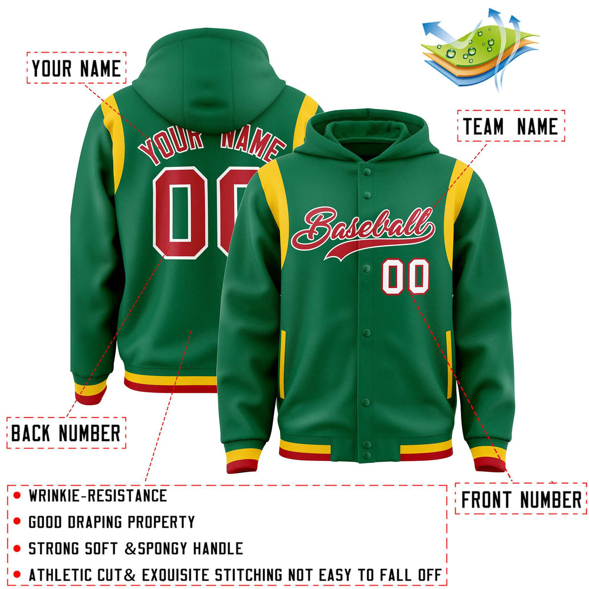 Custom Kelly Green Red Varsity Full-Snap Letterman Shoulder Color Block Jacket Hoodie| KXKSHOP