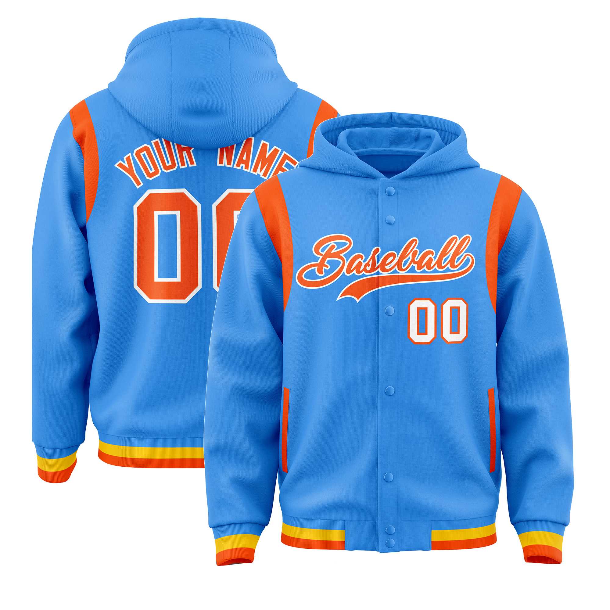 Custom Powder Blue Orange Varsity Full-Snap Letterman Shoulder Color Block Jacket Hoodie| KXKSHOP