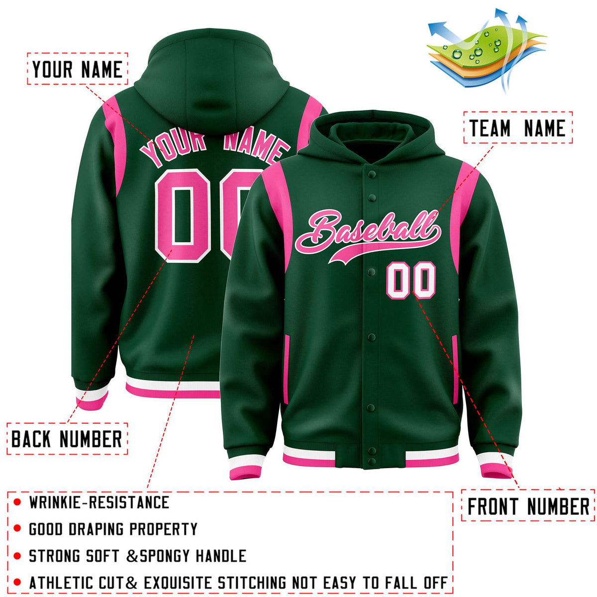 Custom Green Pink Varsity Full-Snap Letterman Shoulder Color Block Jacket Hoodie| KXKSHOP
