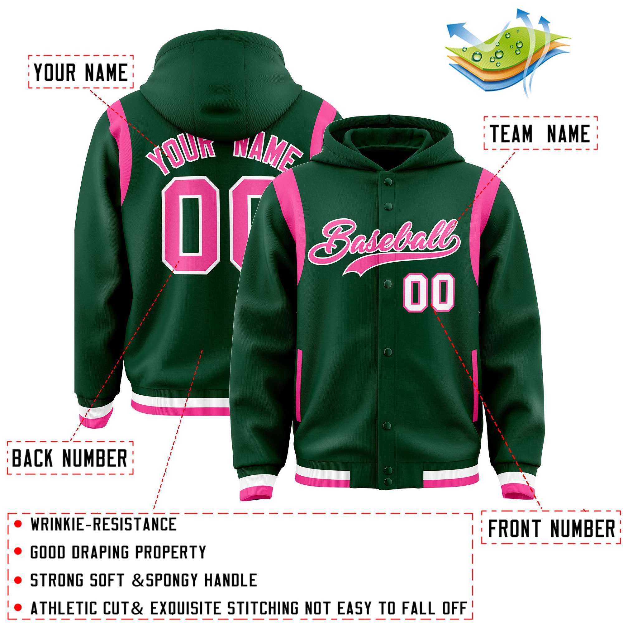 Custom Green Pink Varsity Full-Snap Letterman Shoulder Color Block Jacket Hoodie| KXKSHOP
