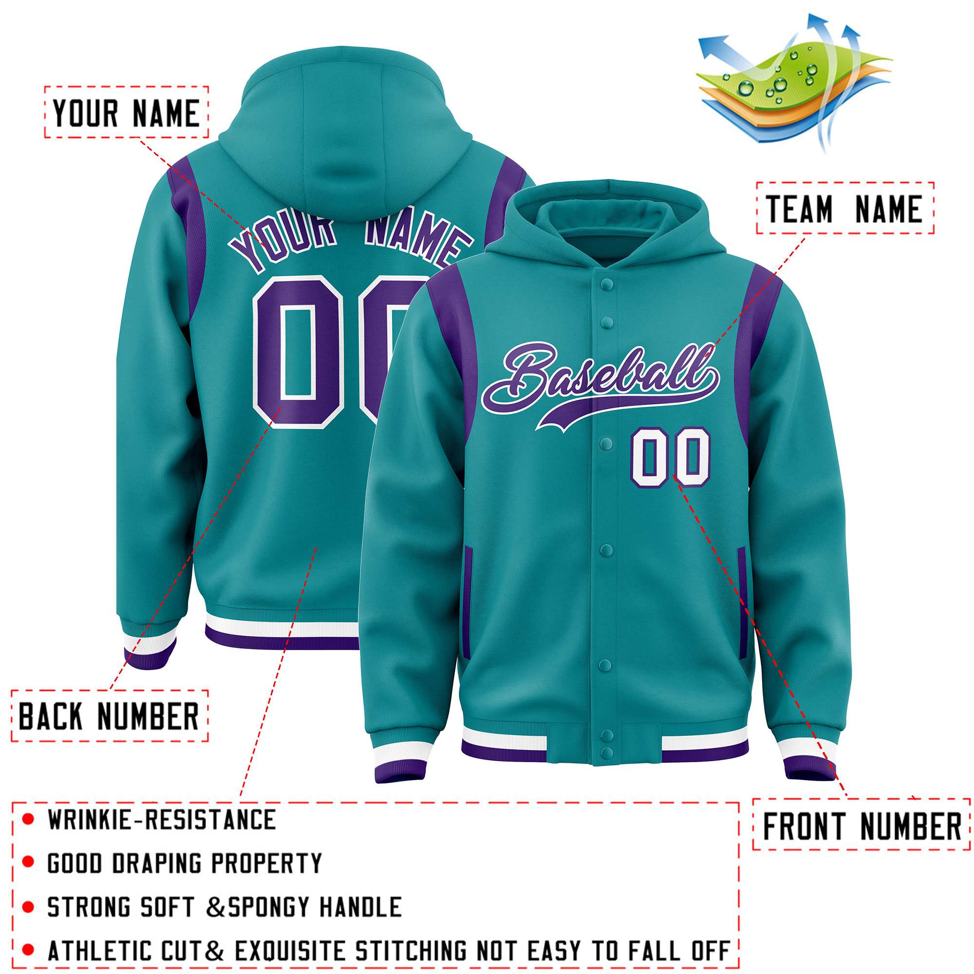 Custom Aqua Purple Varsity Full-Snap Letterman Shoulder Color Block Jacket Hoodie| KXKSHOP