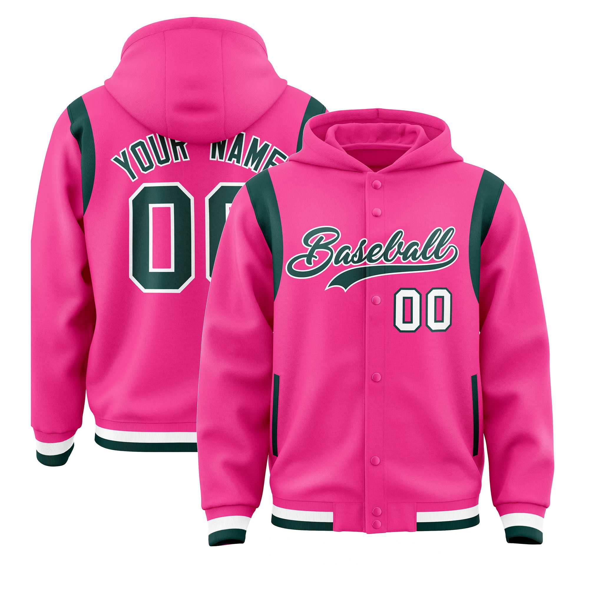 Custom Pink Midnight Green Varsity Full-Snap Letterman Shoulder Color Block Jacket Hoodie| KXKSHOP