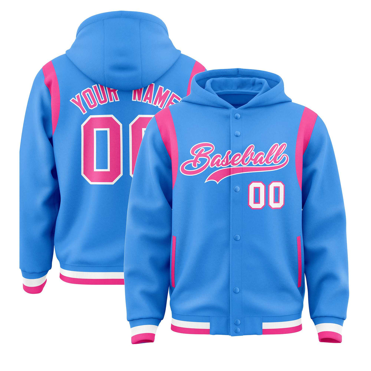 Custom Powder Blue Pink Varsity Full-Snap Letterman Shoulder Color Block Jacket Hoodie| KXKSHOP