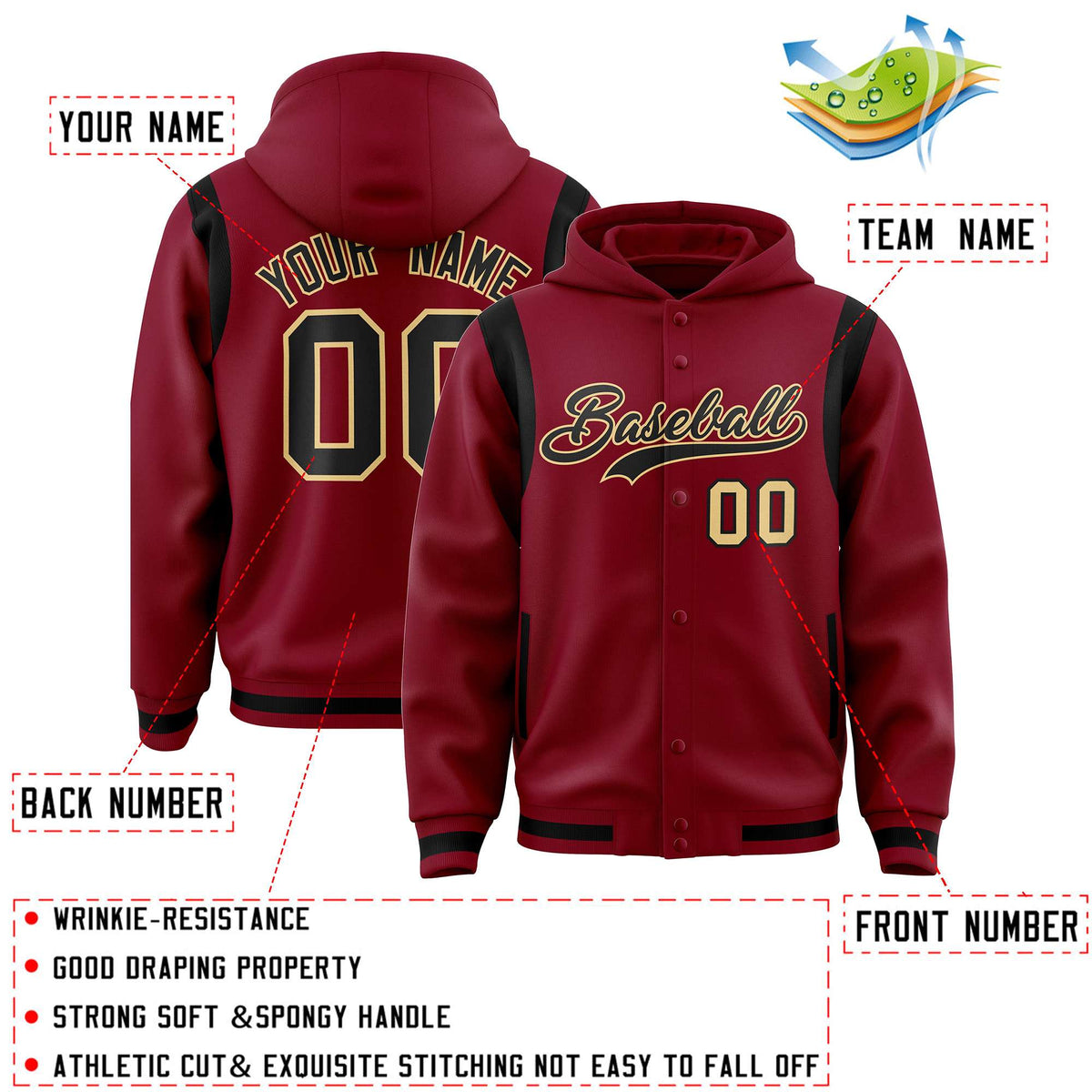 Custom Crimson Black Varsity Full-Snap Letterman Shoulder Color Block Jacket Hoodie| KXKSHOP