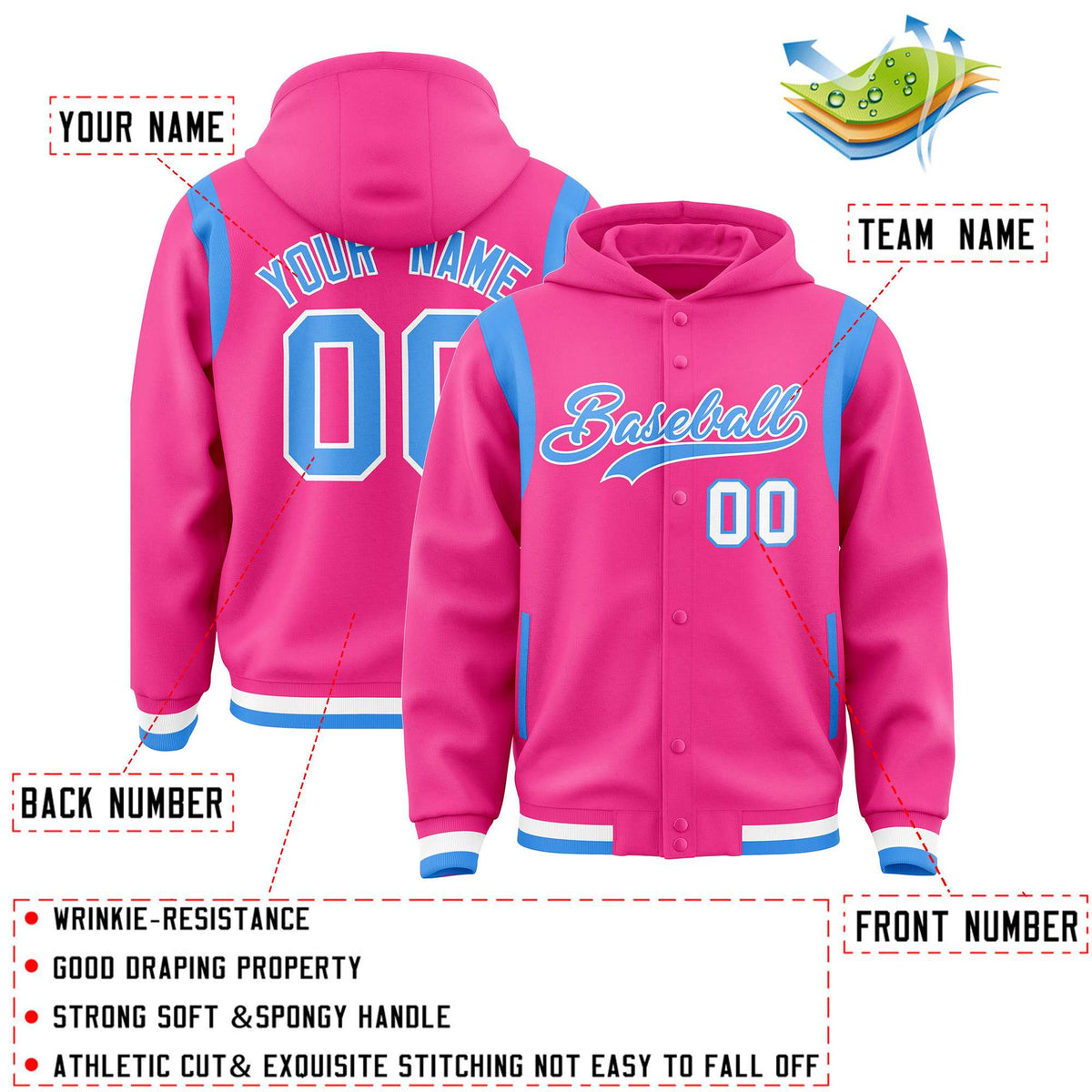 Custom Pink Powder Blue Varsity Full-Snap Letterman Shoulder Color Block Jacket Hoodie| KXKSHOP