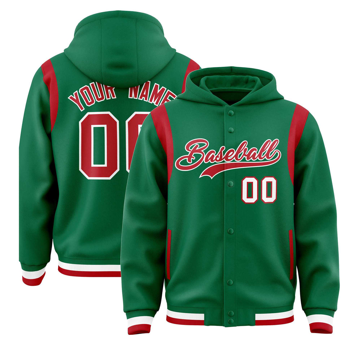 Custom Kelly Green Red Varsity Full-Snap Letterman Shoulder Color Block Jacket Hoodie| KXKSHOP