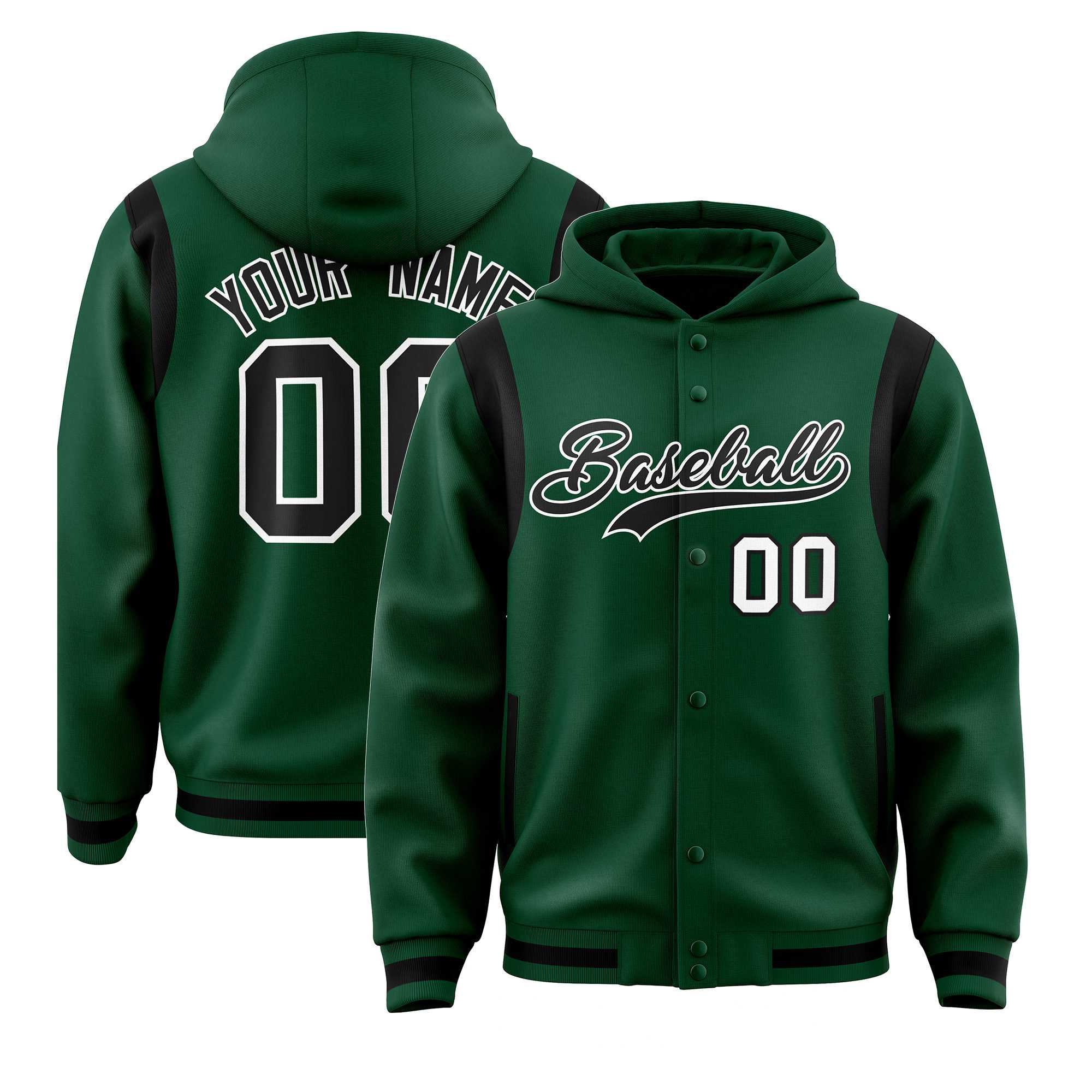 Custom Green Black Varsity Full-Snap Letterman Shoulder Color Block Jacket Hoodie| KXKSHOP