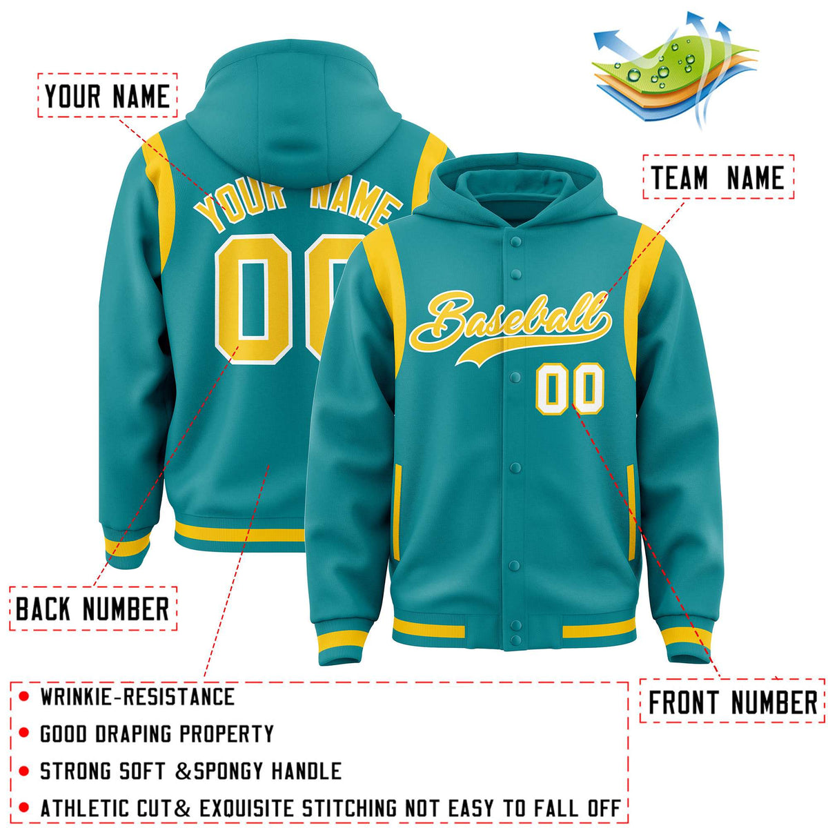 Custom Aqua Gold Varsity Full-Snap Letterman Shoulder Color Block Jacket Hoodie| KXKSHOP