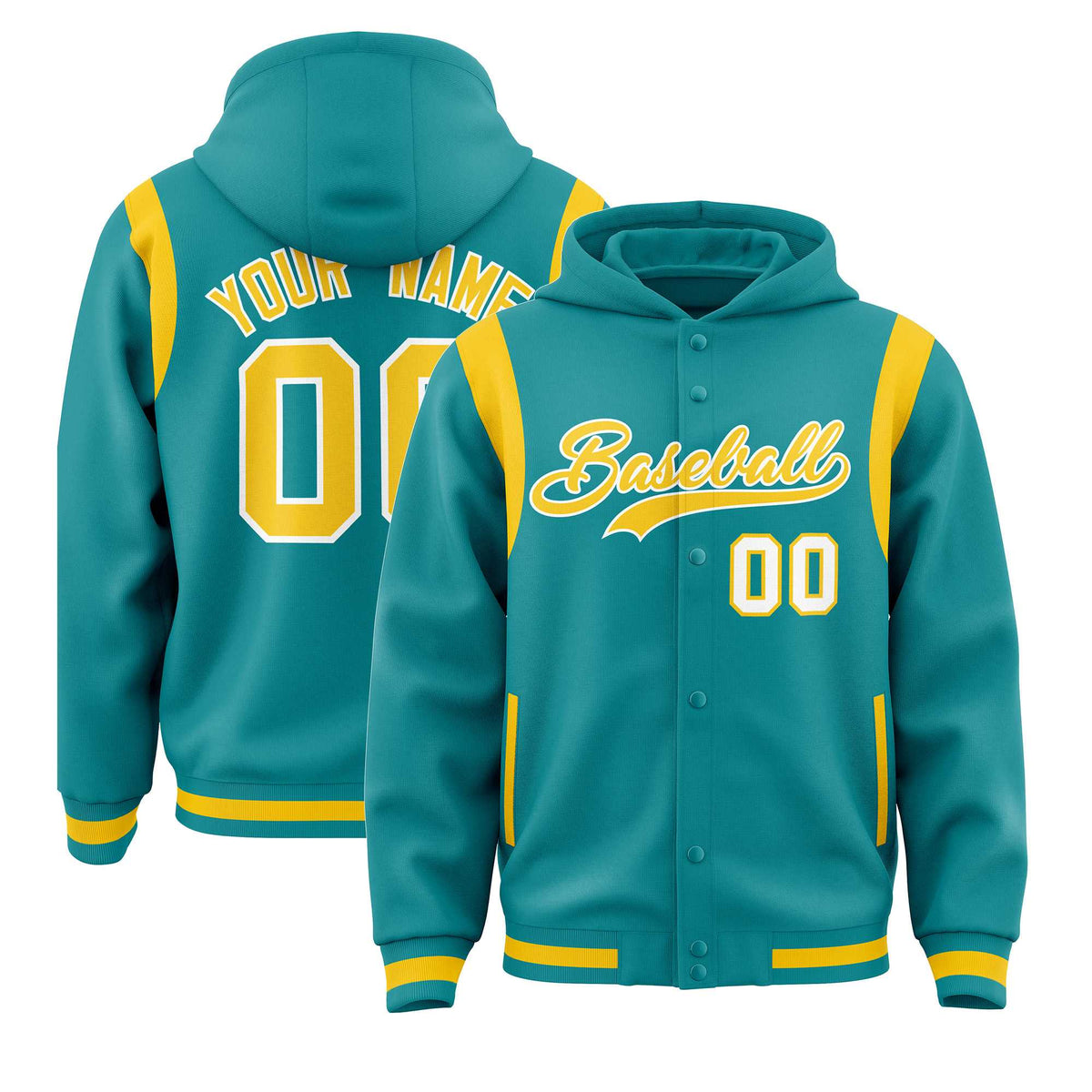 Custom Aqua Gold Varsity Full-Snap Letterman Shoulder Color Block Jacket Hoodie| KXKSHOP