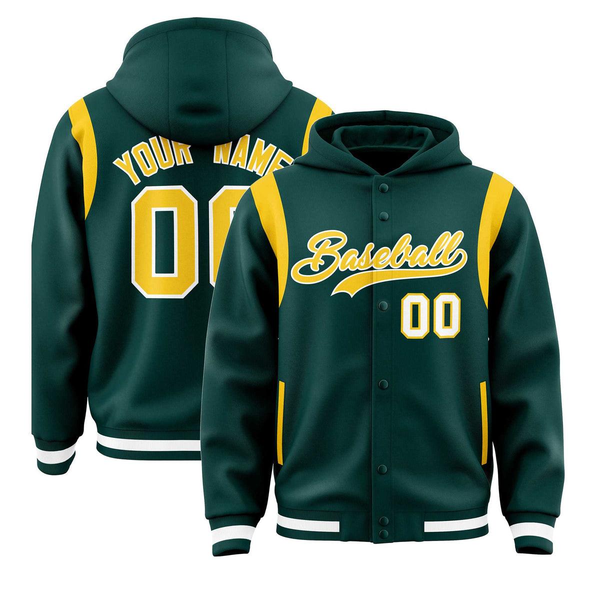 Custom Midnight Green Gold Varsity Full-Snap Letterman Shoulder Color Block Jacket Hoodie| KXKSHOP